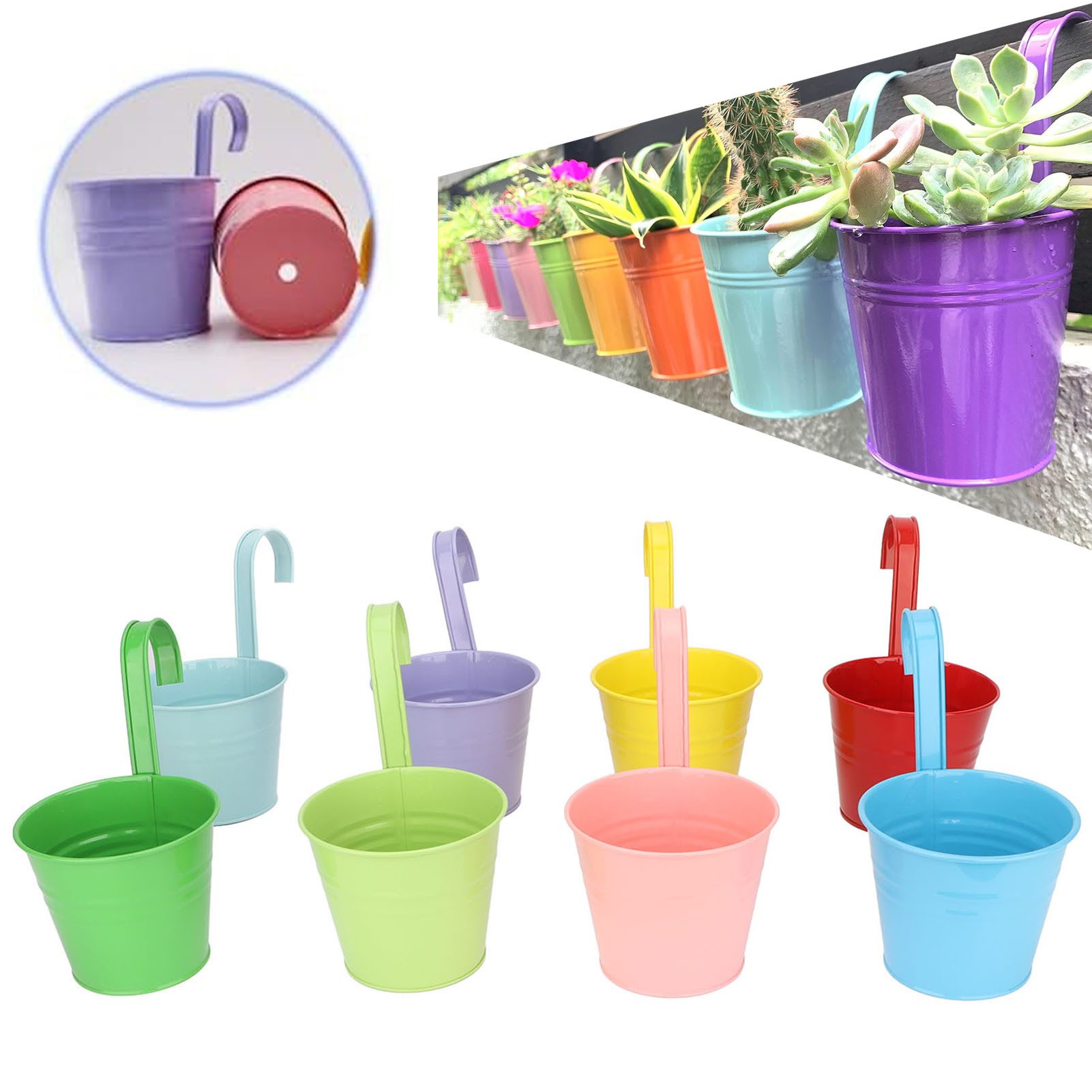 SURFOU Pflanzkübel 8er Set Hänge Blumentöpfe mit Haken, Bunte Metall Pflanzkübel Balkon (Blumentöpfe zum Aufhängen, Blumentopf Hängend aus Metall, Bunt Hänge Blumentopf für Balkon, Zaun, Garten, Wand, Robuster Hängetopf mit Abnehmbarem Haken & Ablaufloch, 8 St., Blumentopf Hängend, 13 * 10,5 cm)