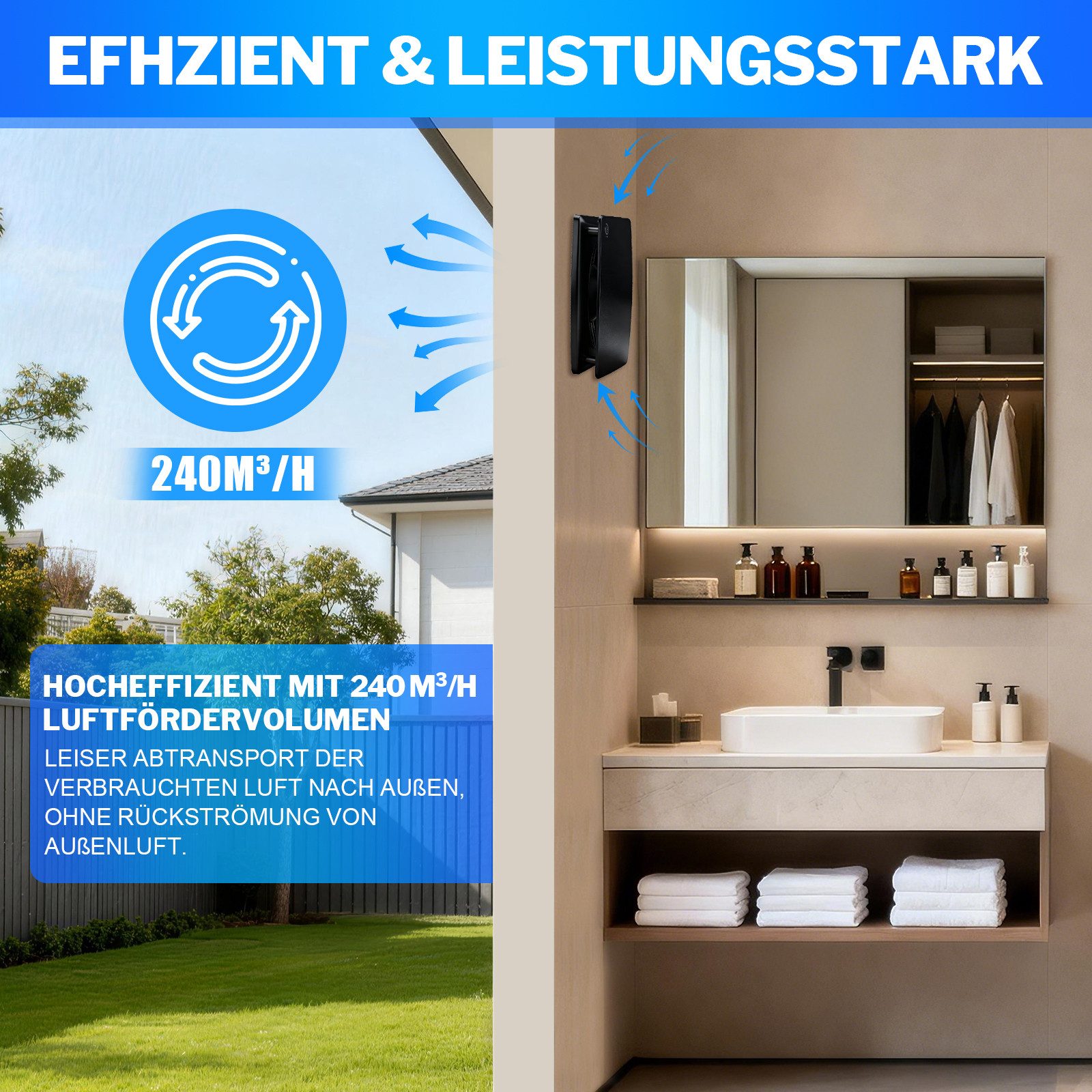 XERSEK Badlüfter 6" Wandventilator Leiser Abluftventilator mit Feuchtesensor Nachlauf, 18W 240m³/h Lüfter, Rückstauklappe, 30s-30min Verzögerung einstellbar