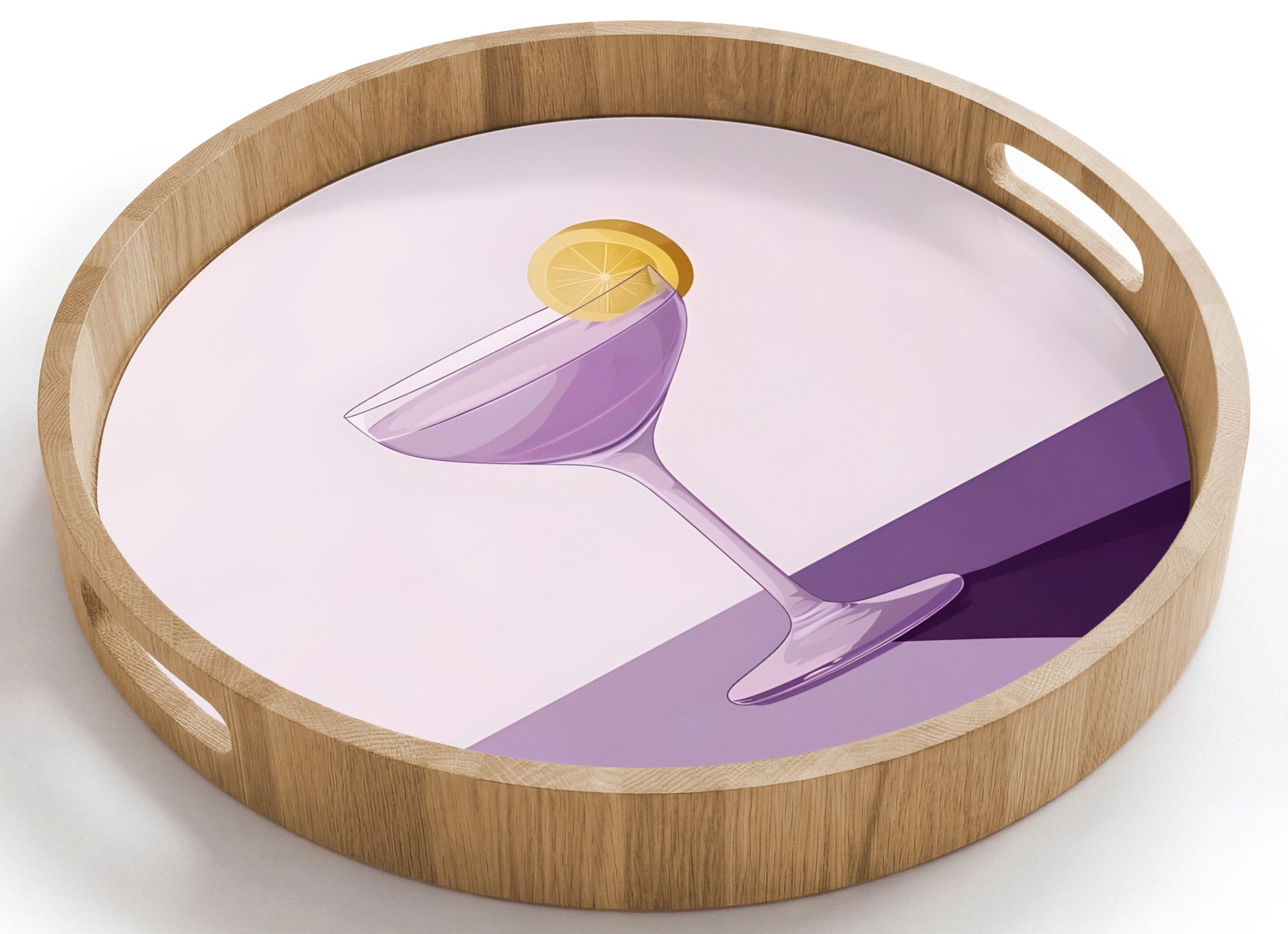 OnlyWow Tablett Rund mit Henkel Cocktail - Lila - Minimalistisch - Zitrone, Eichenholz, (1-tlg), Siervierplatte, Tray, Frühstücksbrett