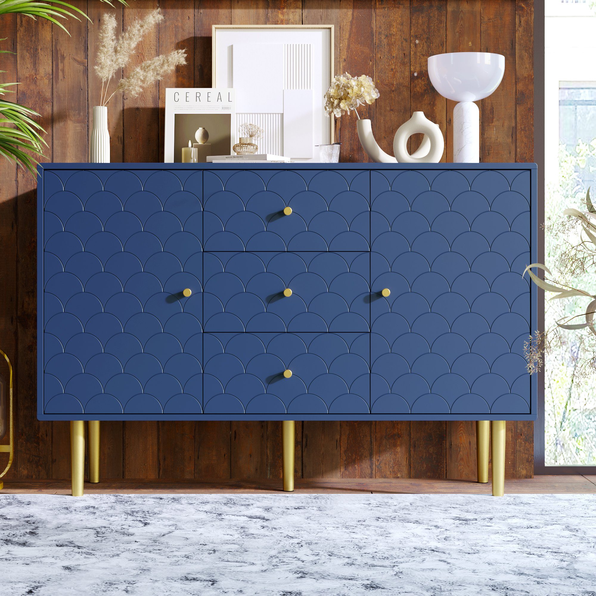 BlingBin Sideboard Kommode Wohnzimmerschrank Esszimmerschrank (1 St., mit 2 Türen und 3 Schubladen, Verstellbare Ablage), 83×120×40 cm,für Wohnzimmer Schlafzimmer, Marineblau