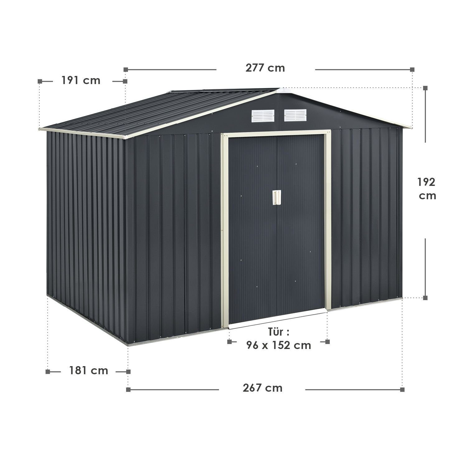 Satteldach, cm, XL, mit BxT: 9 277x191 Schiebetür, m³ Fundamentrahmen, Gartenhaus Juskys