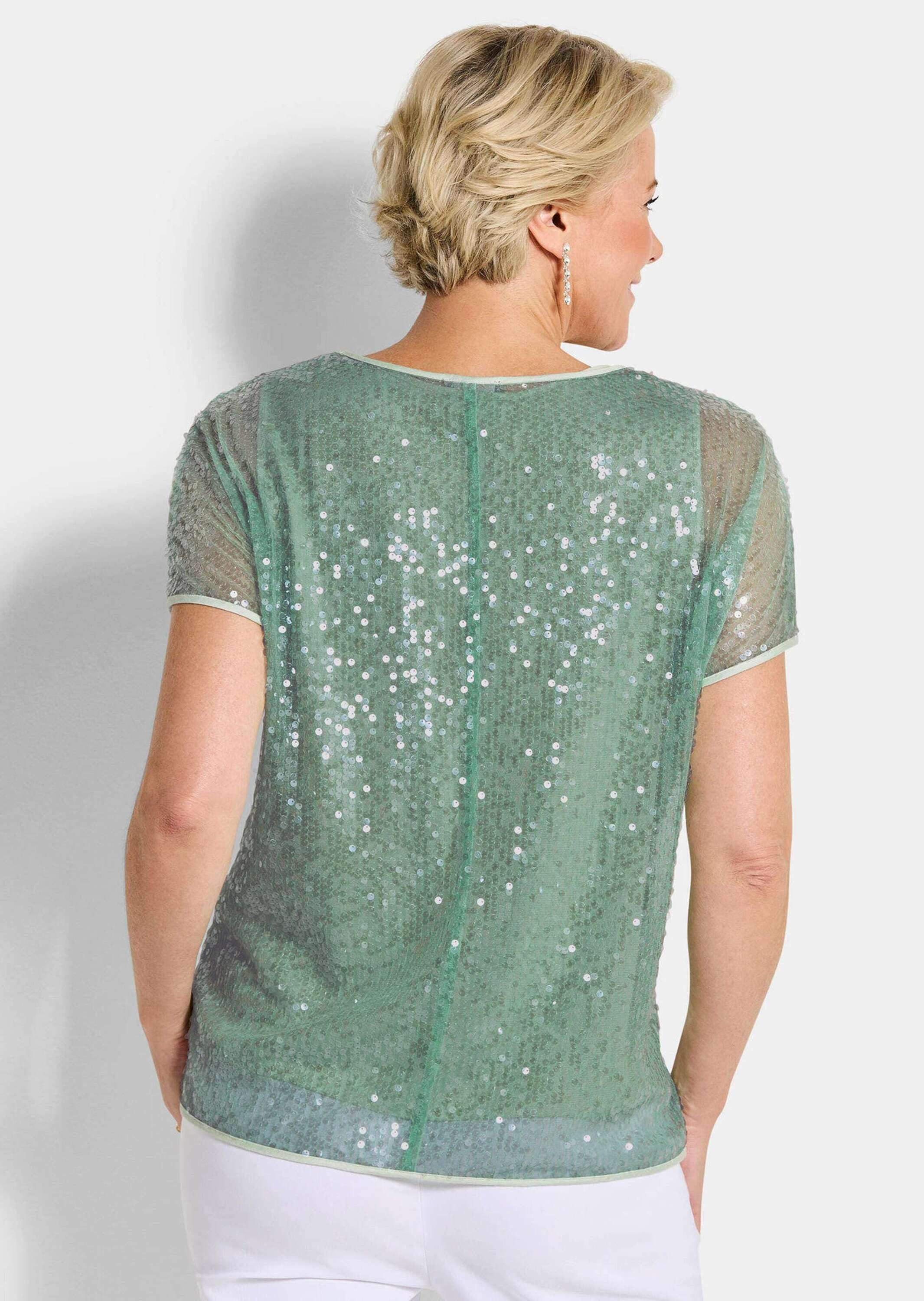 GOLDNER Klassische Bluse Schlupfbluse in schimmerndem Design Schlupfbluse mit U-Boot-Ausschnitt, Satinbändern und Kurzarm