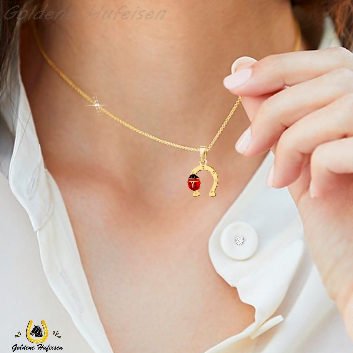 Goldene Hufeisen Kette mit Anhänger Hufeisen mit Marienkäfer Halskette in Gold – Mädchen Glücksbringer, 925 Sterling Silber (hypoallergen)