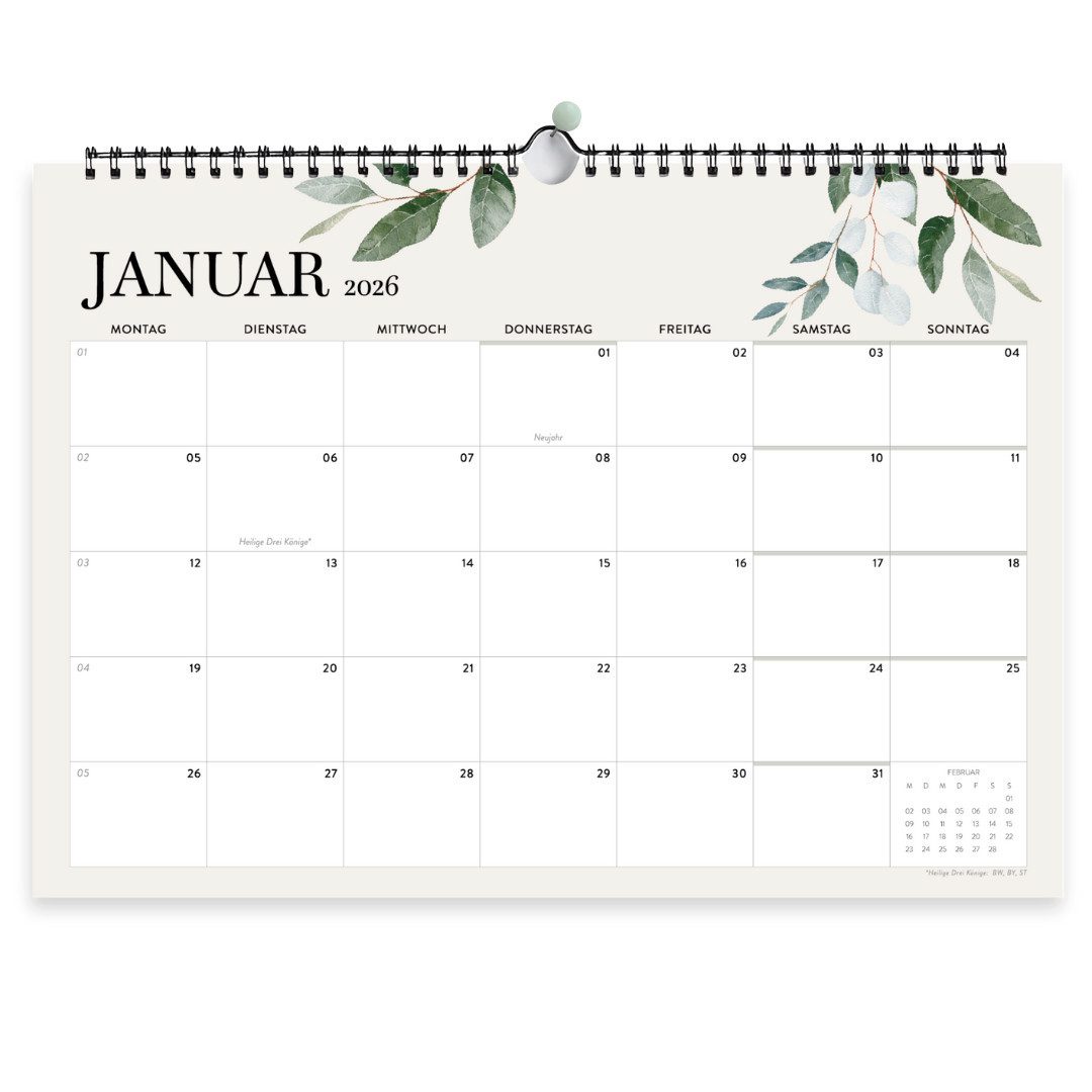 heaven+paper Jahresplaner Wandkalender 2027 DIN A4 quer, Eukalyptus-Design Spiralbindung, Hergestellt in Deutschland