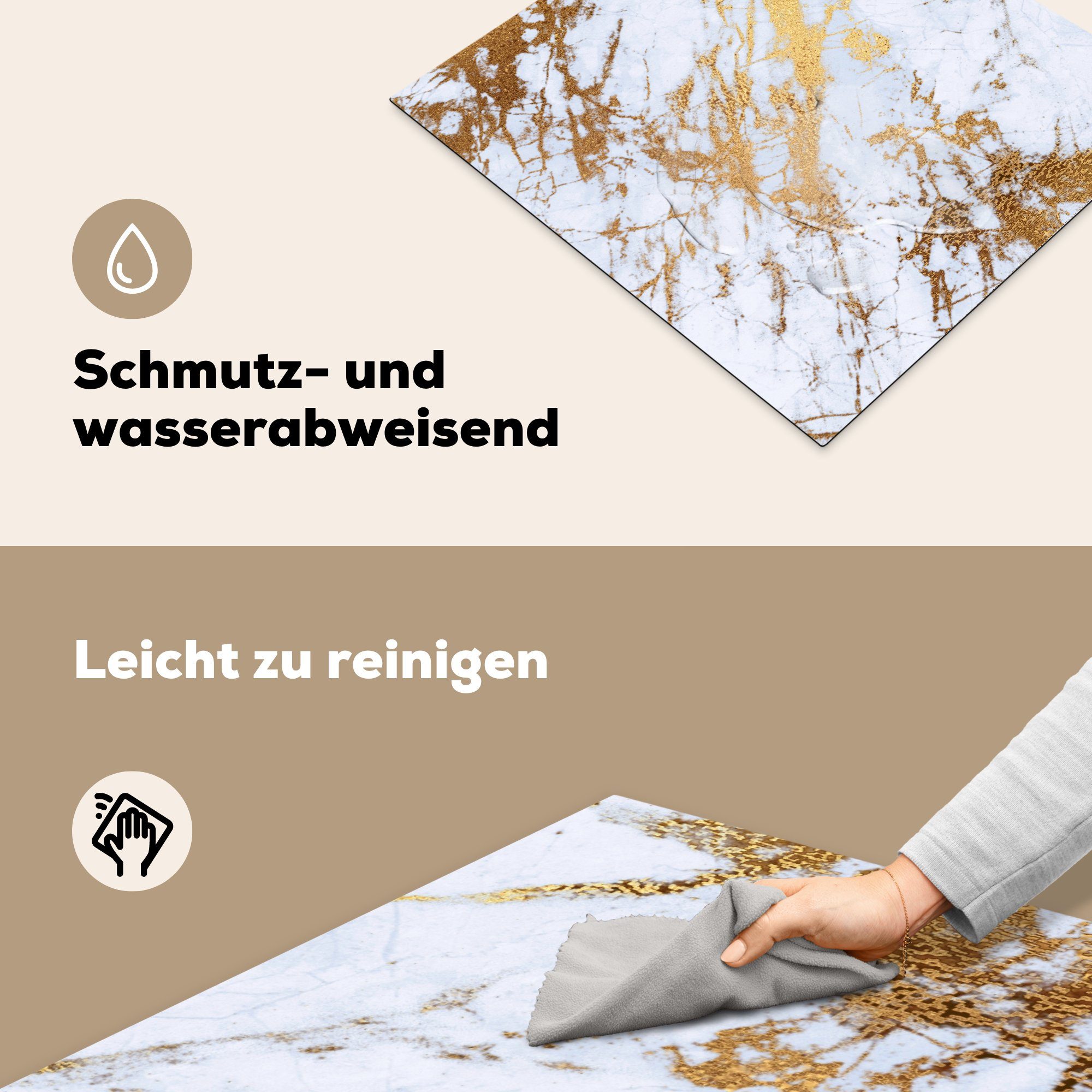 MuchoWow Herdblende-/Abdeckplatte Marmor - Gold - Marmoroptik - (1 - 58x51 cm, Luxe Dekoration für Glitzer, Weiß Vinyl, tlg), Küchen Induktionskochfeld - Induktionsherd