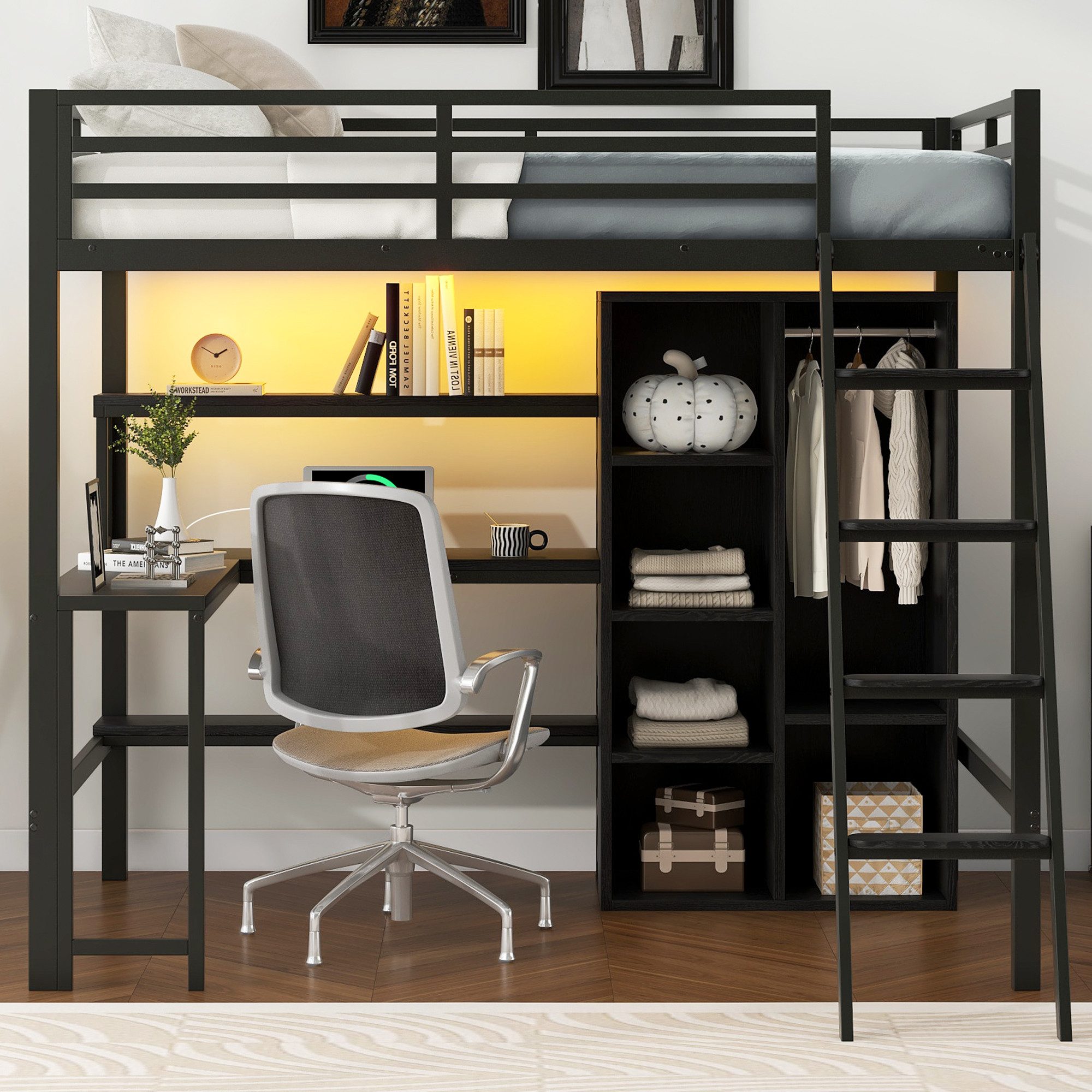 STILVORA Hochbett 140x200 mit Schreibtisch,Jugendbett Eisenbett mit LED-Lic günstig online kaufen