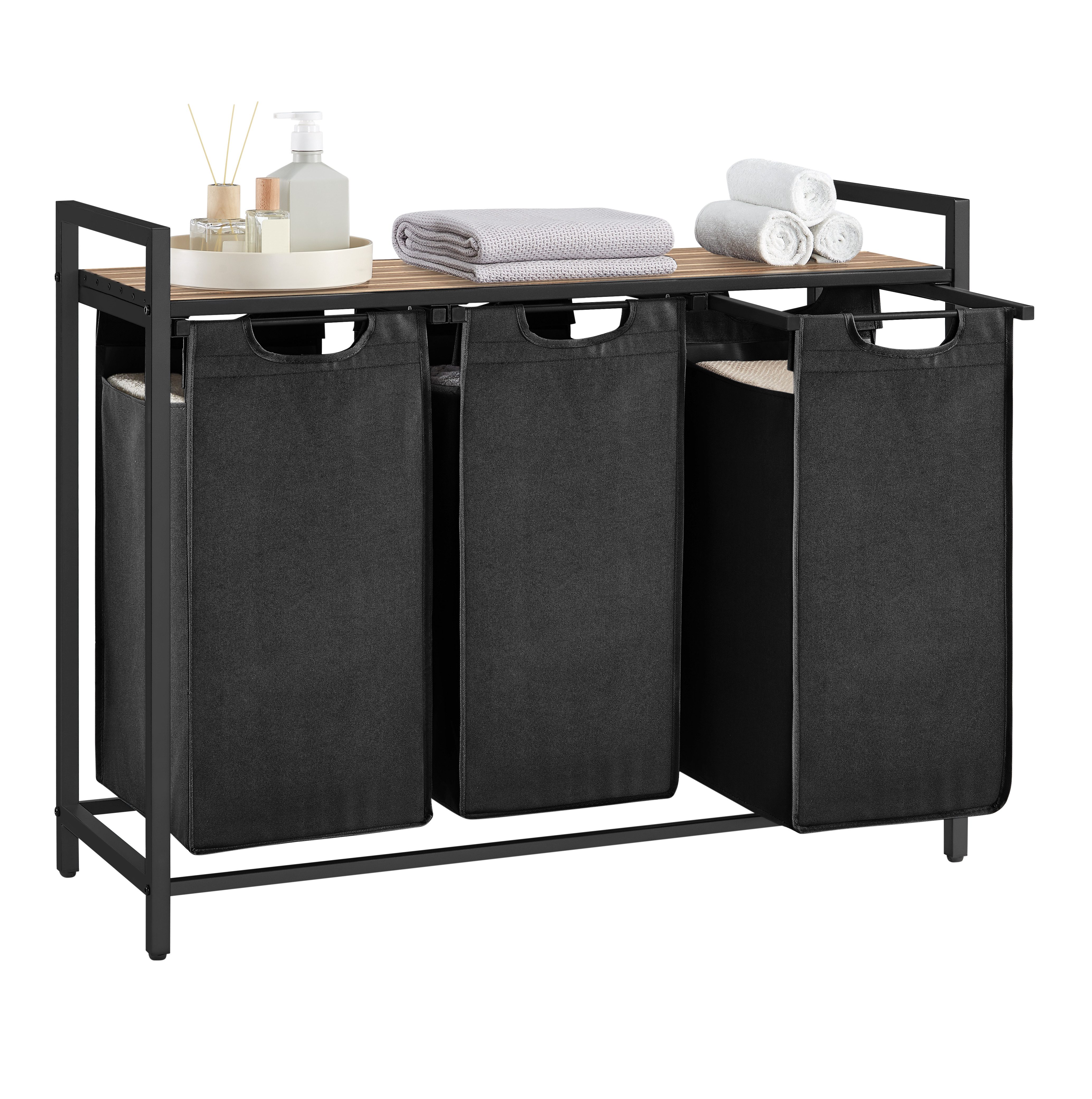 VASAGLE Wäschekorb, 3 Fächer, mit Ablage, ausziehbar und abnehmbar, 3 x 38 L