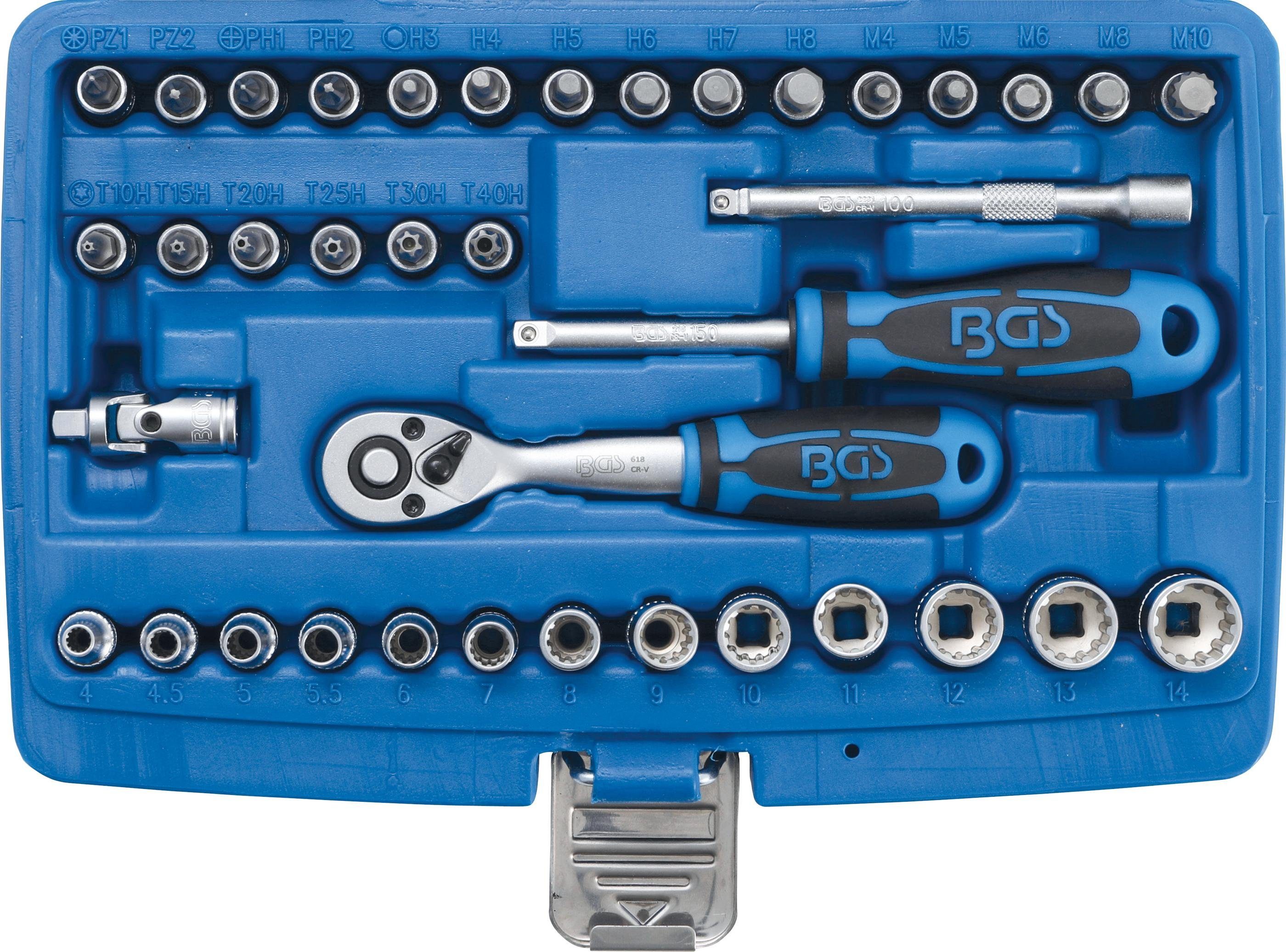 BGS technic Steckschlüssel Steckschlüssel-Satz Gear Lock, Antrieb 6,3 mm (1/4), 39-tlg.