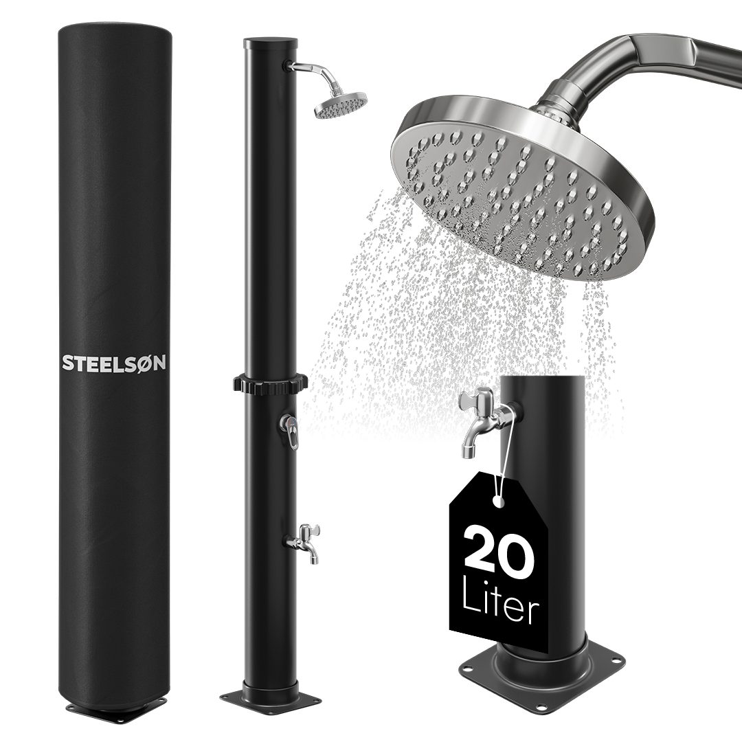 STEELSØN Solardusche Velion 20/40 Liter, warmes Wasser bis 60 °C (auch mit Boden oder 40L Fassungsvermögen), Gartendursche, schwenkbarer Kopf