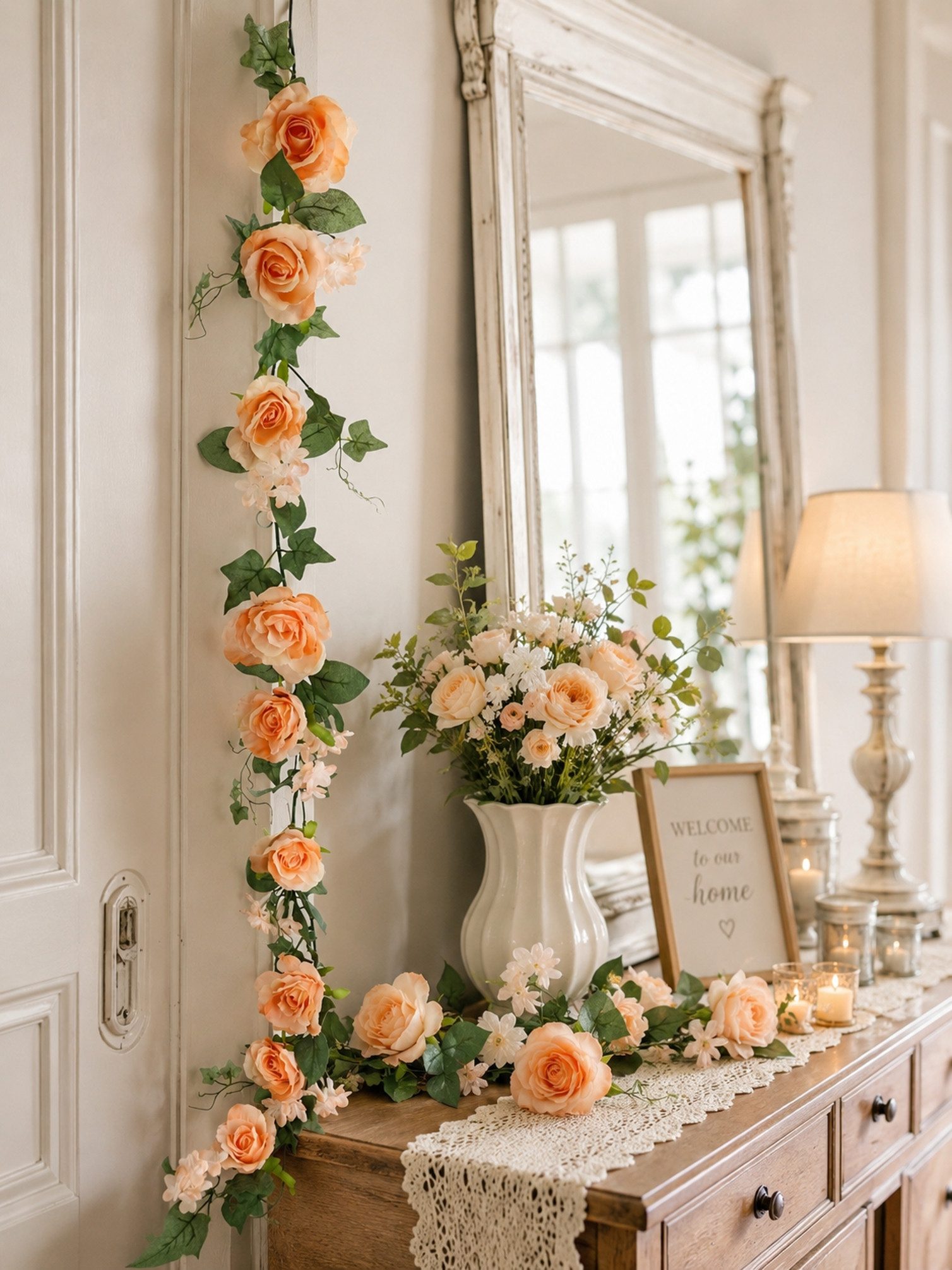 Kunstblume Girlande Rosen mit Blüten 185cm für Hochzeit Party Garten Geburtstag Rose, I.GE.A., Höhe 185 cm, Rosengirlande Pflanze Dekoblume Blumengirlande Künstlich Seidenblumen