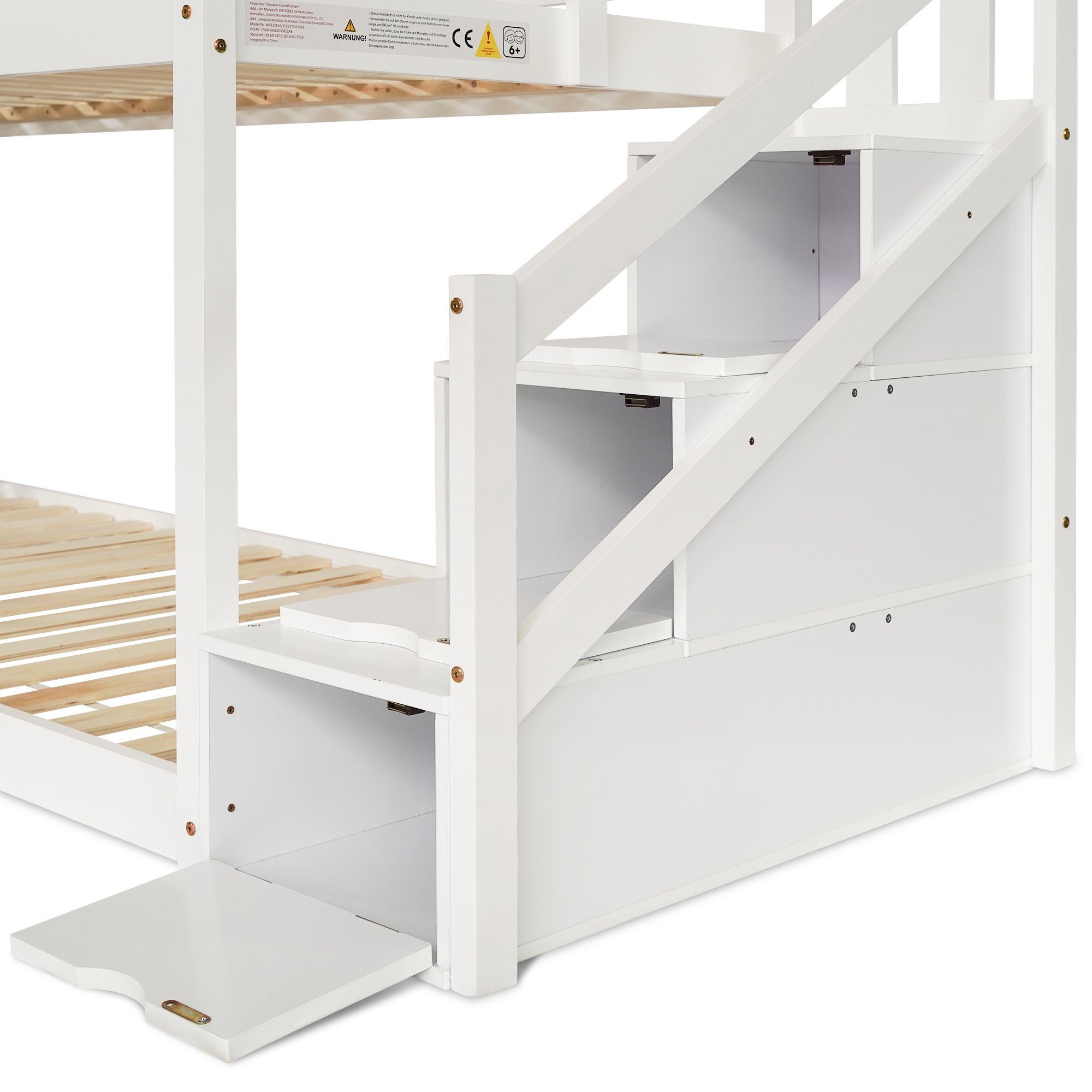 Etagenbett (Hausbett mit Lattenrost), Kinderbett mit Treppe Schubladen und Rausfallschutz 90x200cm