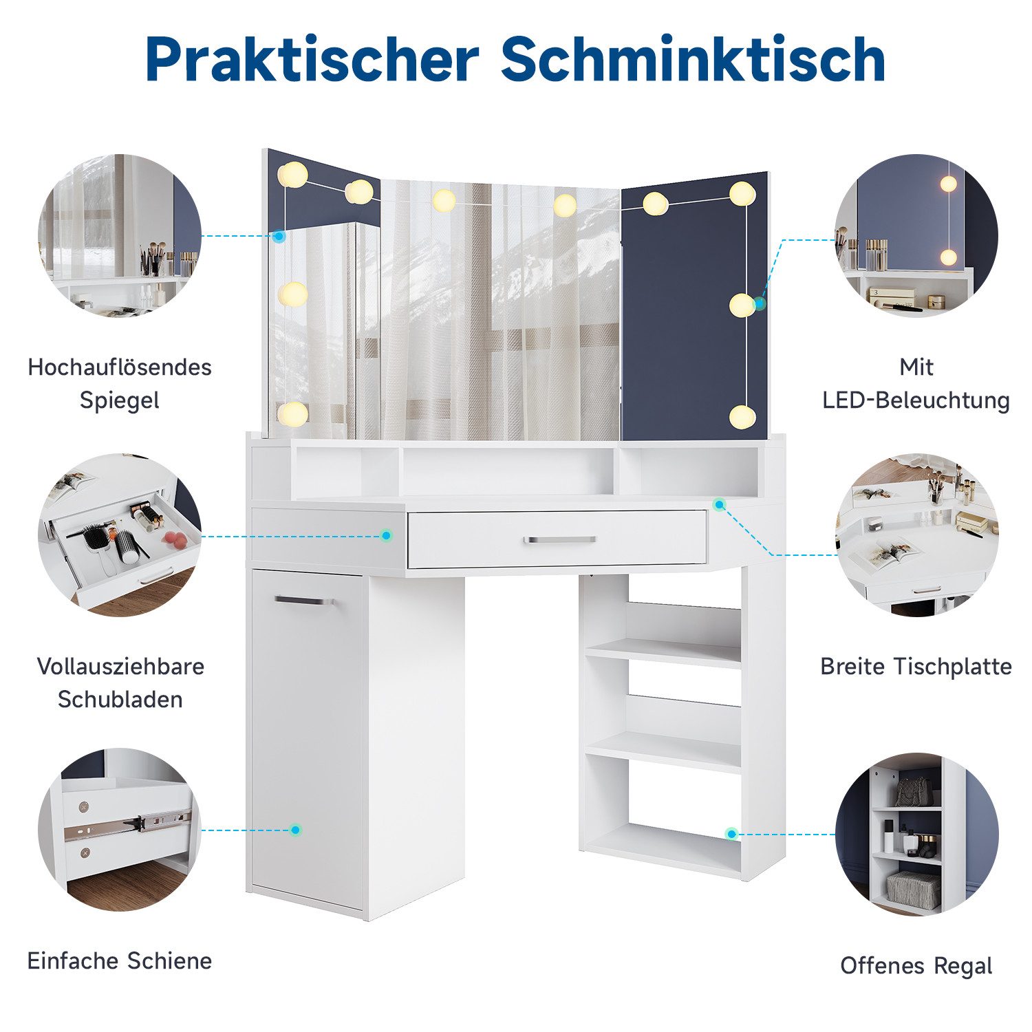 SONNI Schminktisch Weißer Eck-Schminktisch, Spanplatte + MDF, Verstellbarer Spiegel