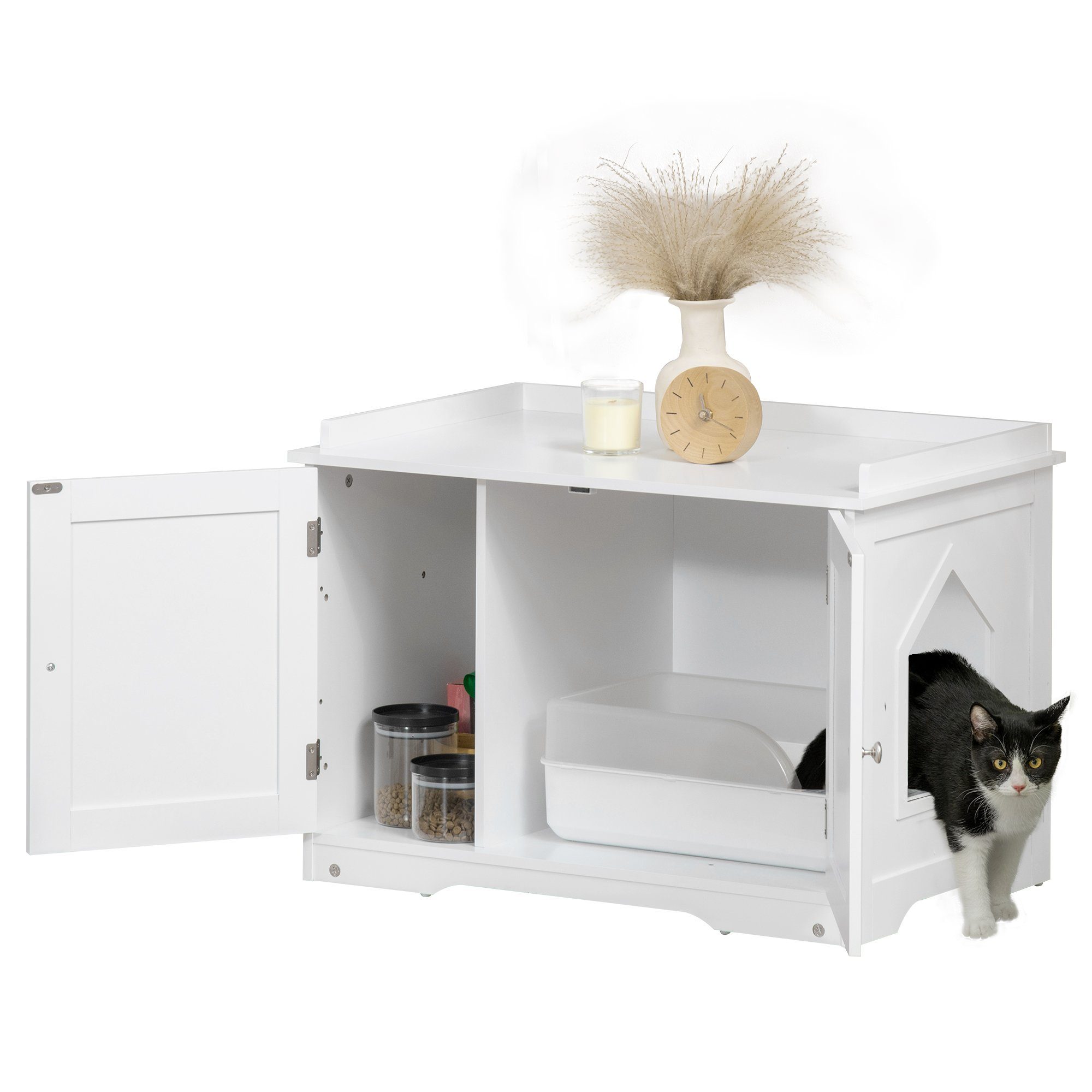 PawHut Katzentoilette Katzenklo mit Magnettüren, verstellbarem Trennwand, MDF, Weiß,86B x 48L x 52H cm