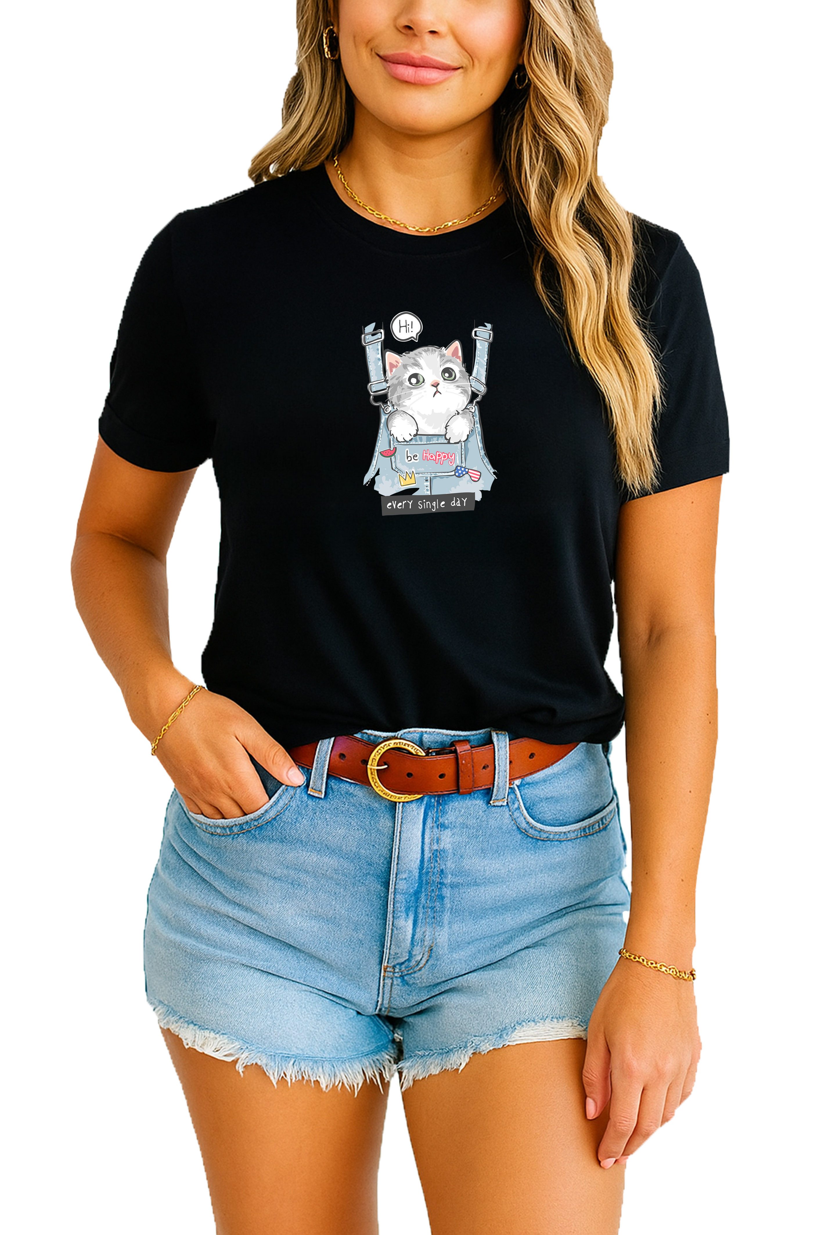 Banco T-Shirt Damen mit Katzen-Print Kurzarm 100% Baumwolle Unifarben günstig online kaufen