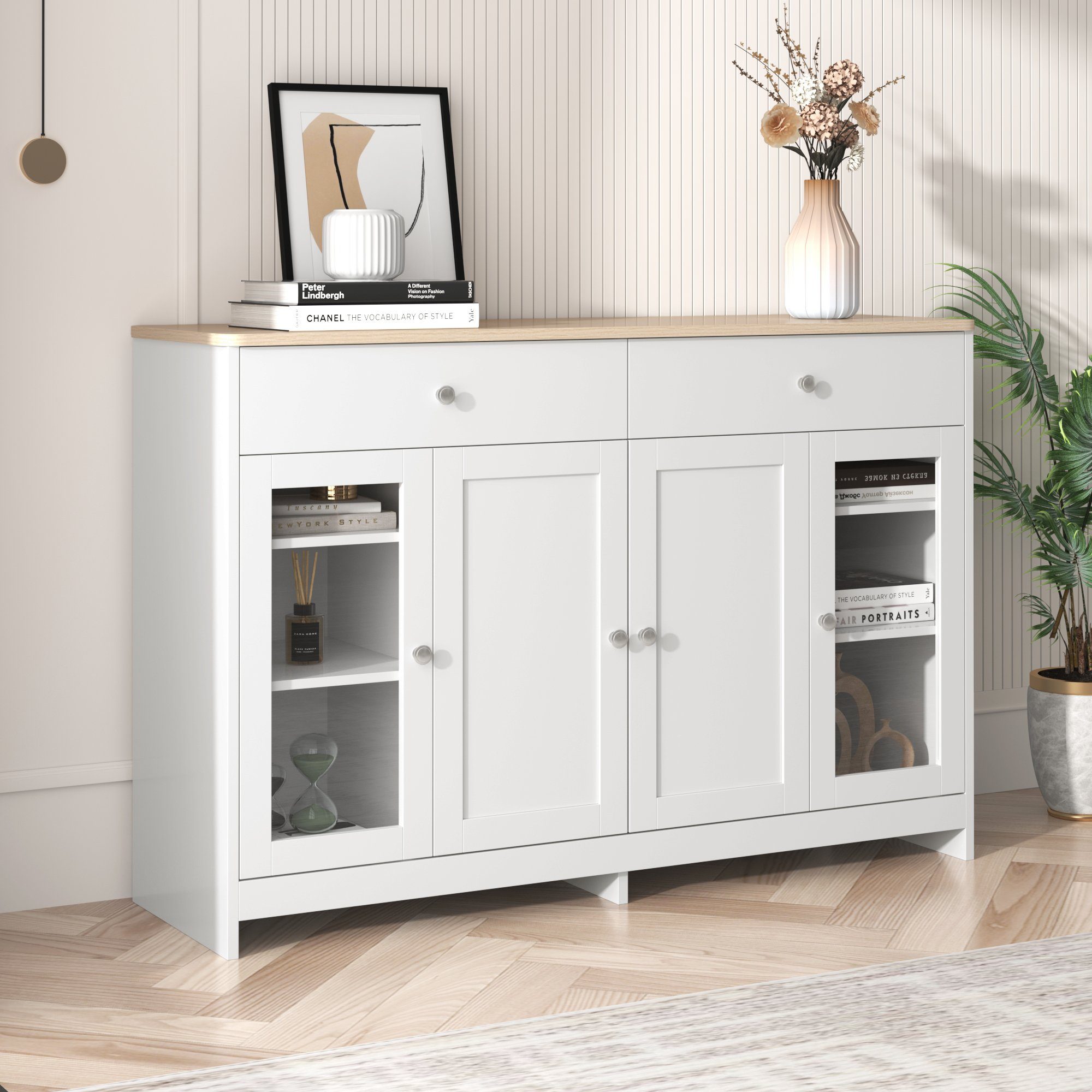 Sideboard, Tür Türen, mit mit zwei vier REDOM Wohnzimmer Glas. Schubladen,