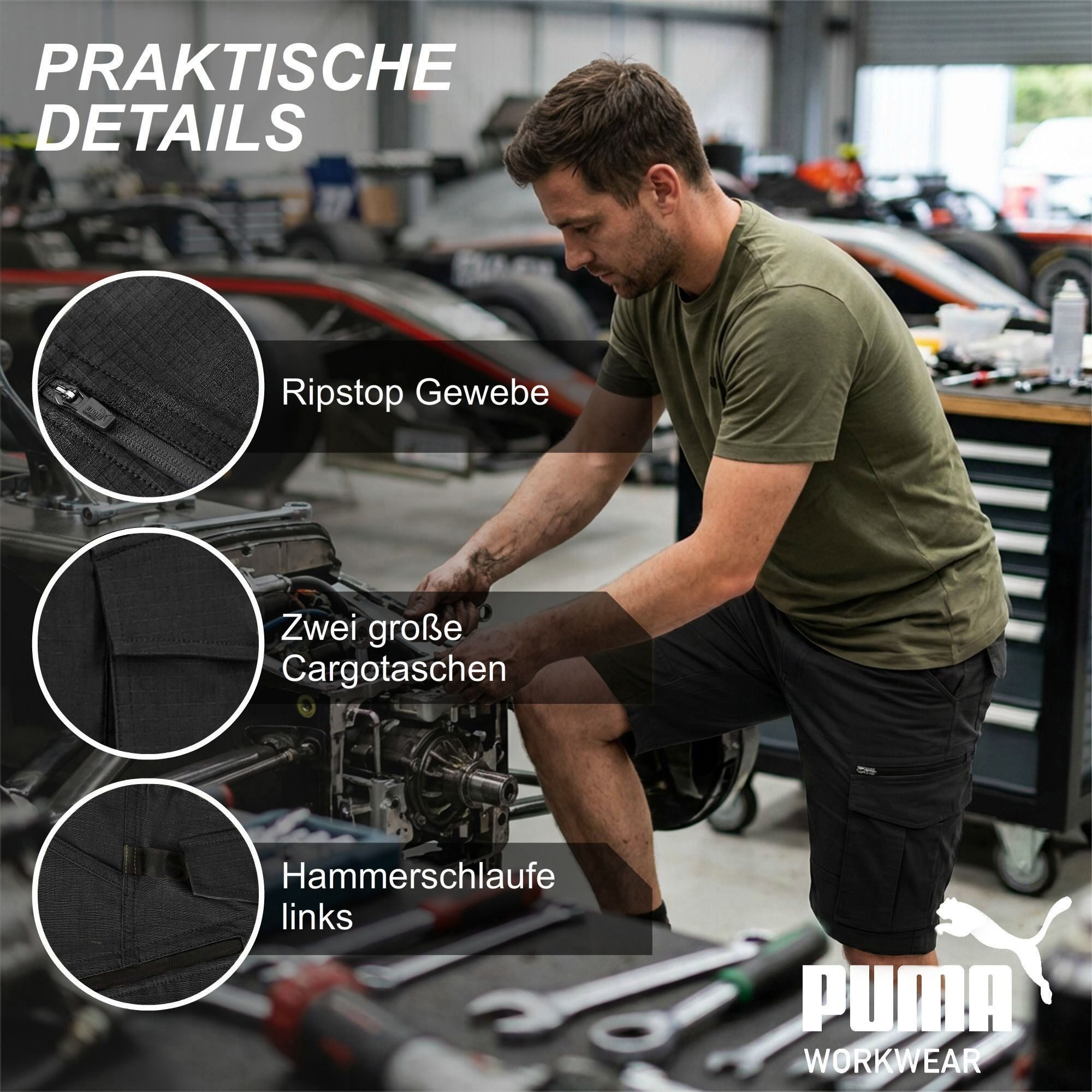PUMA Workwear Cargoshorts kurze Arbeitshose Herren - Robuste Shorts mit Stretch & Ripstop-Gewebe Gummizug im Bund - Erhöhtes Rückenteil - Hammerschlaufe - Handytasche