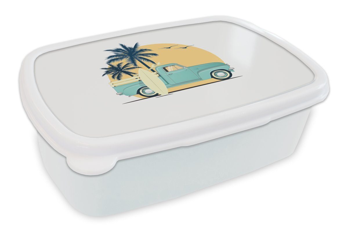 MuchoWow Lunchbox Auto - Surfen - Palme - Zeichnung, Kunststoff, (2-tlg), Brotbox für Kinder und Erwachsene, Brotdose, für Jungs und Mädchen weiß
