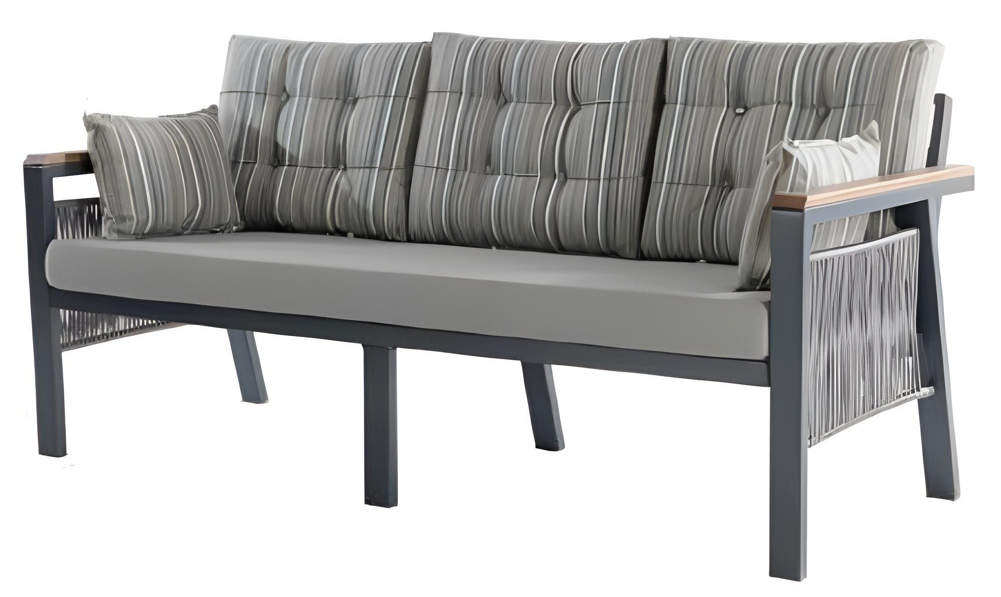 Xlmoebel Gartensofa Modernes 3-Sitzer-Sofa in Grau mit Holzarmlehnen und Metallrahmen, 1 Teile, Made in Europa