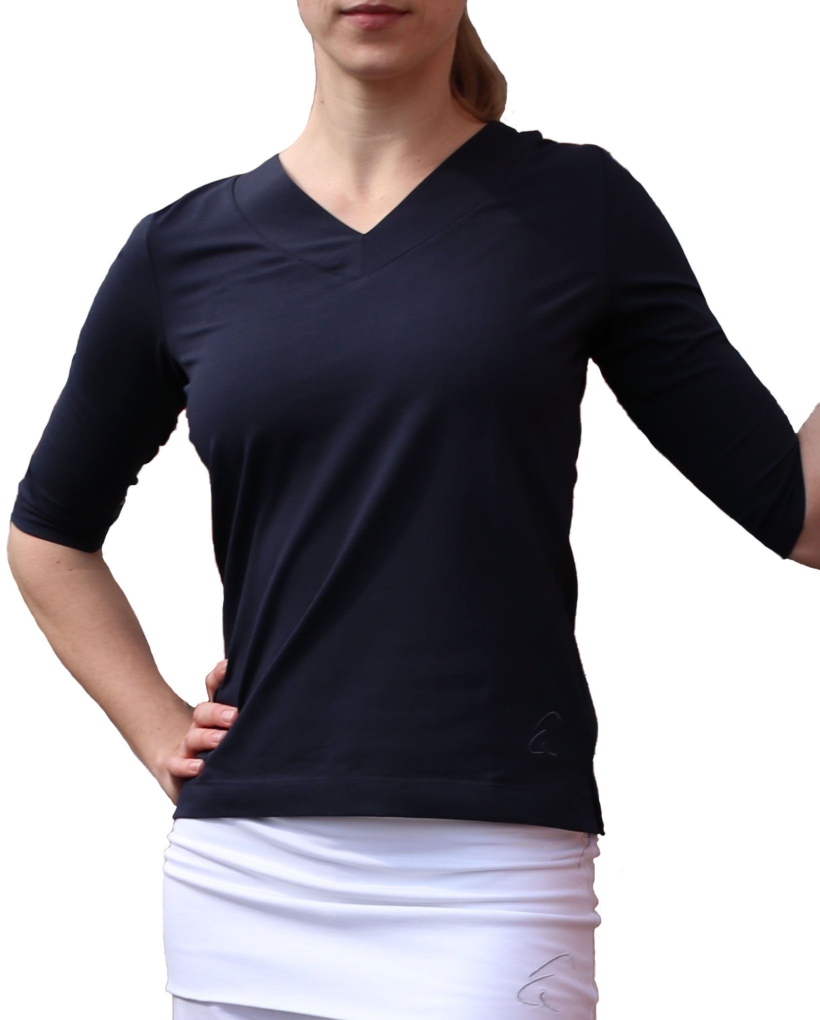 ESPARTO V-Ausschnitt Yogatop Nachtblau geschlitzt, geschnitten Bio-Baumwolle Ärmel, und Sundar 2/3 lang leicht Damen-Shirt in