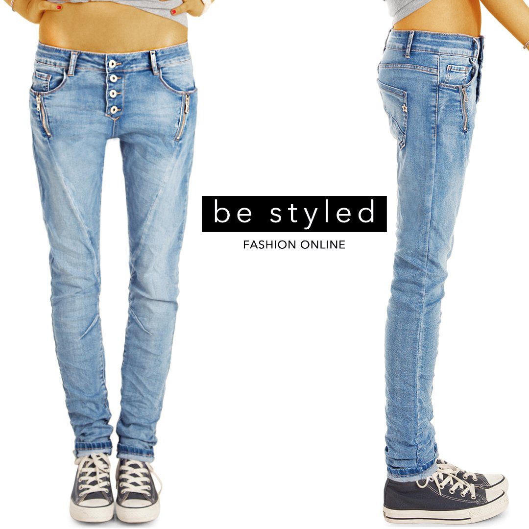 j6i mit Hosen Knopfleiste blau baggy be Relax-fit-Jeans tapered Damenjeans, styled