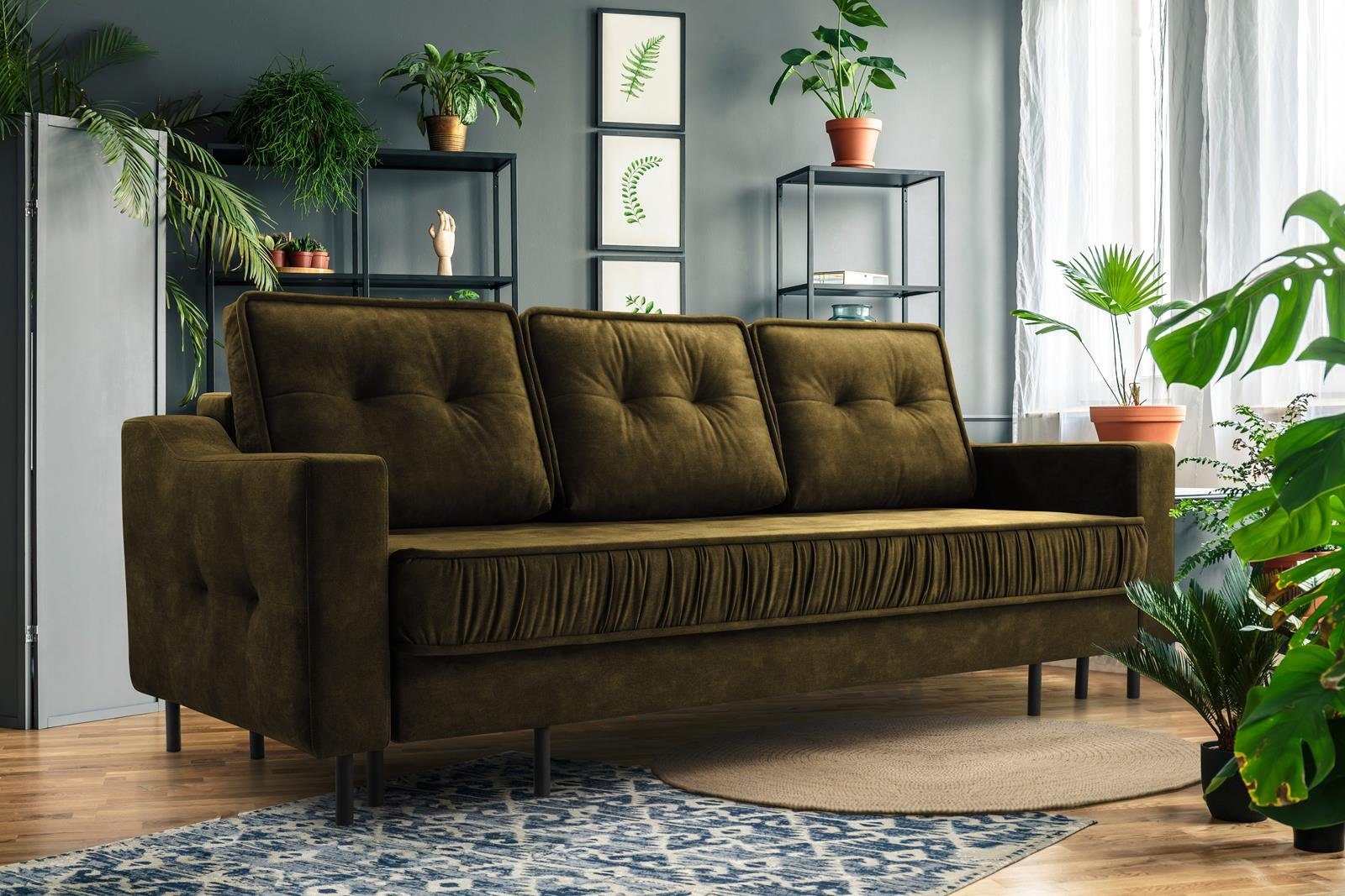 Beautysofa 3-Sitzer ALA, im skandinavisches Stil, mit hohe Metallbeine, für Wohnzimmer, Polstersofa aus Velours, mit Schlaffunktion und Bettkasten Olive (palladium 10)