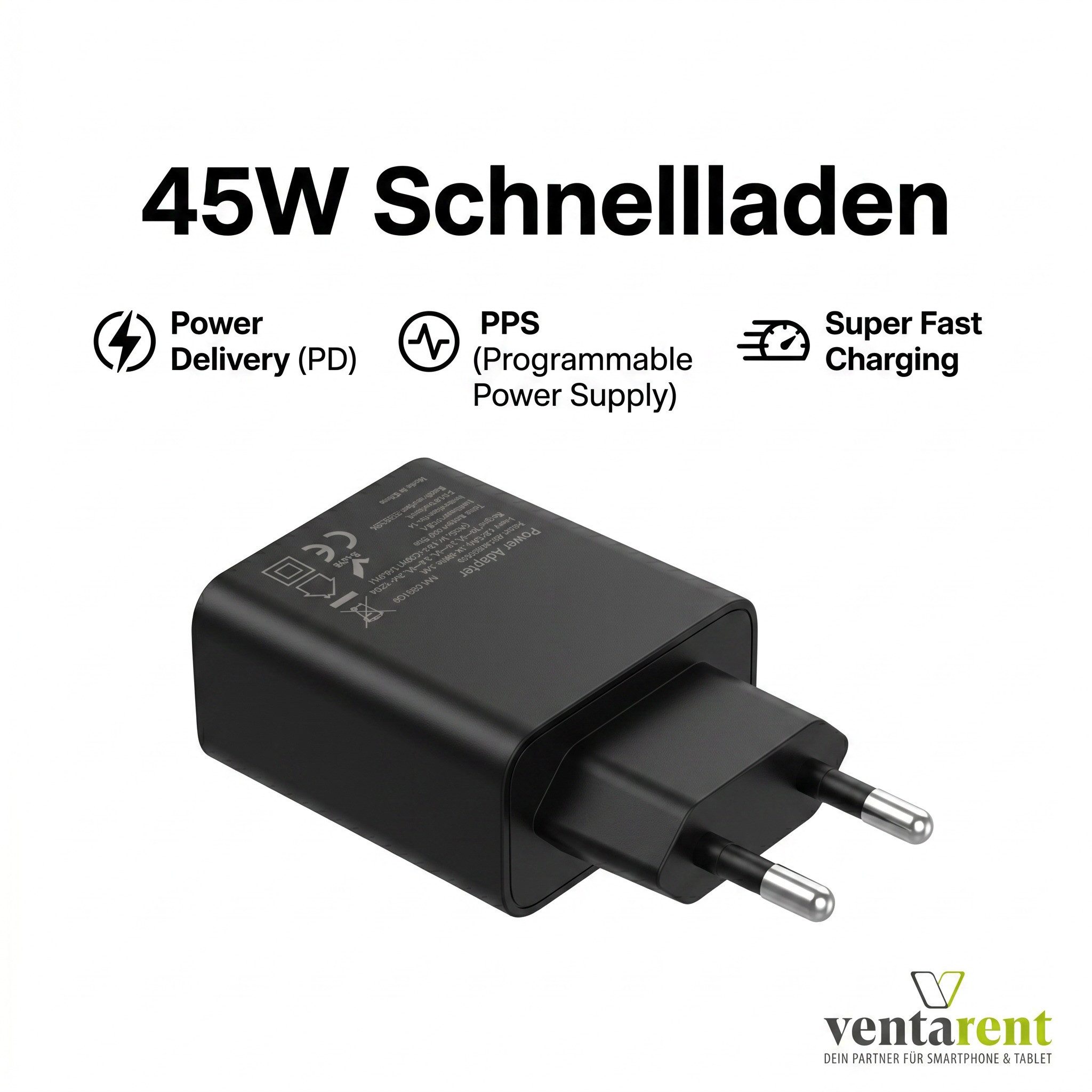 Ventarent 45W USB-C Ladeset mit Ladekabel für MacBook Air, iPad Pro & Air USB-Ladegerät (3000 mA, Set, 2-tlg., 45W USB-C Netzadapter, USB-C Ladekabel, 45W Schne – Bild 3 von 5