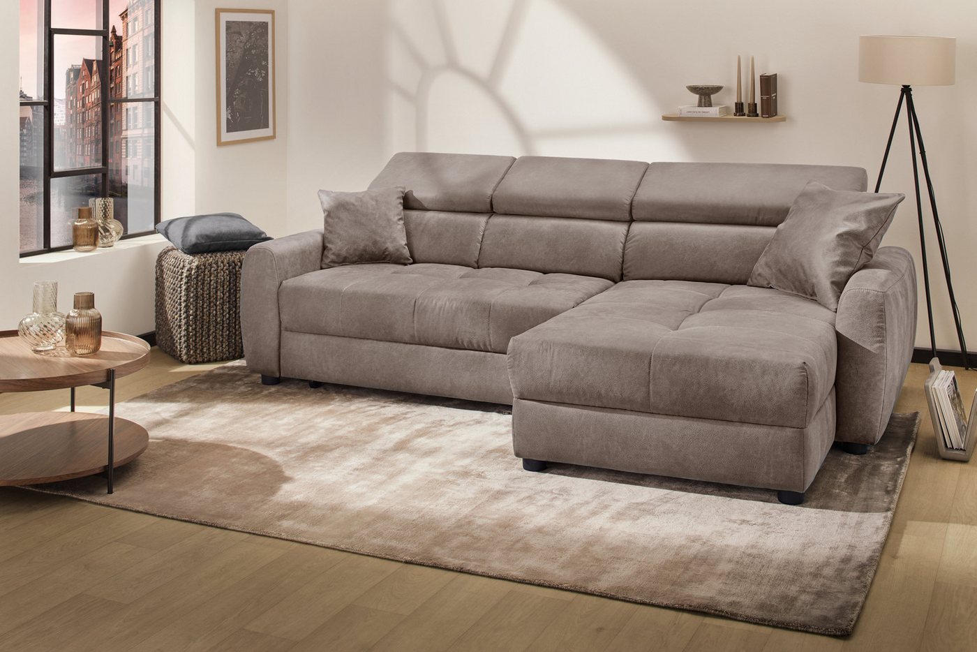 Jockenhöfer Gruppe Ecksofa Move, L-Form, B: 270cm, mit 60 cm elektrischer Sitztiefenverstellung, 140kg Belastbarkeit je Sitz, verstellbaren Kopfstützen & Zierkissen