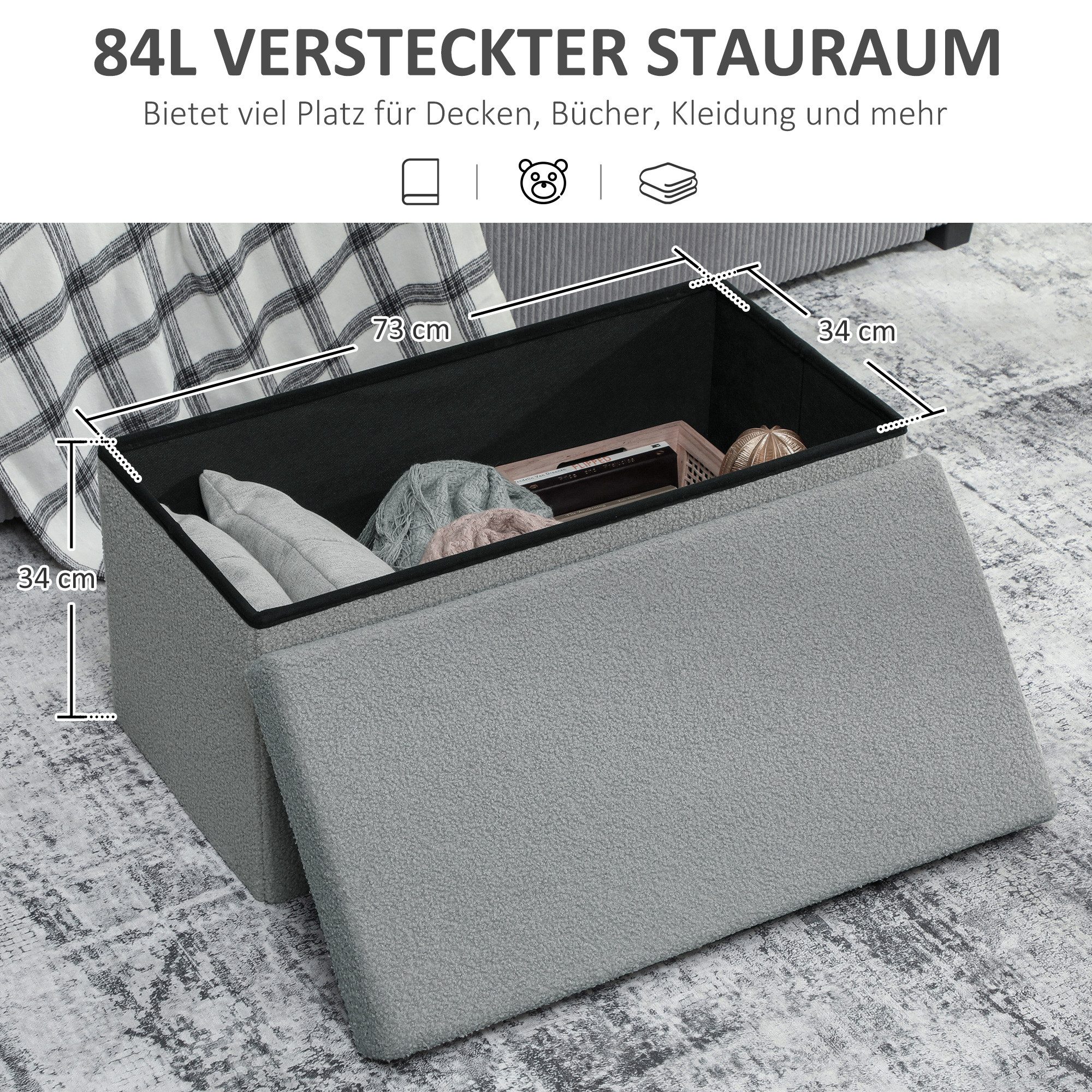 HOMCOM Sitzbank mit Stauraum faltbar Polsterbank mit Samtoptik (Sitztruhe, 1-St., Truhenbank), für Wohnzimmer Schlafzimmer Flur 76 x 38 x 38 cm, Dunkelgrau