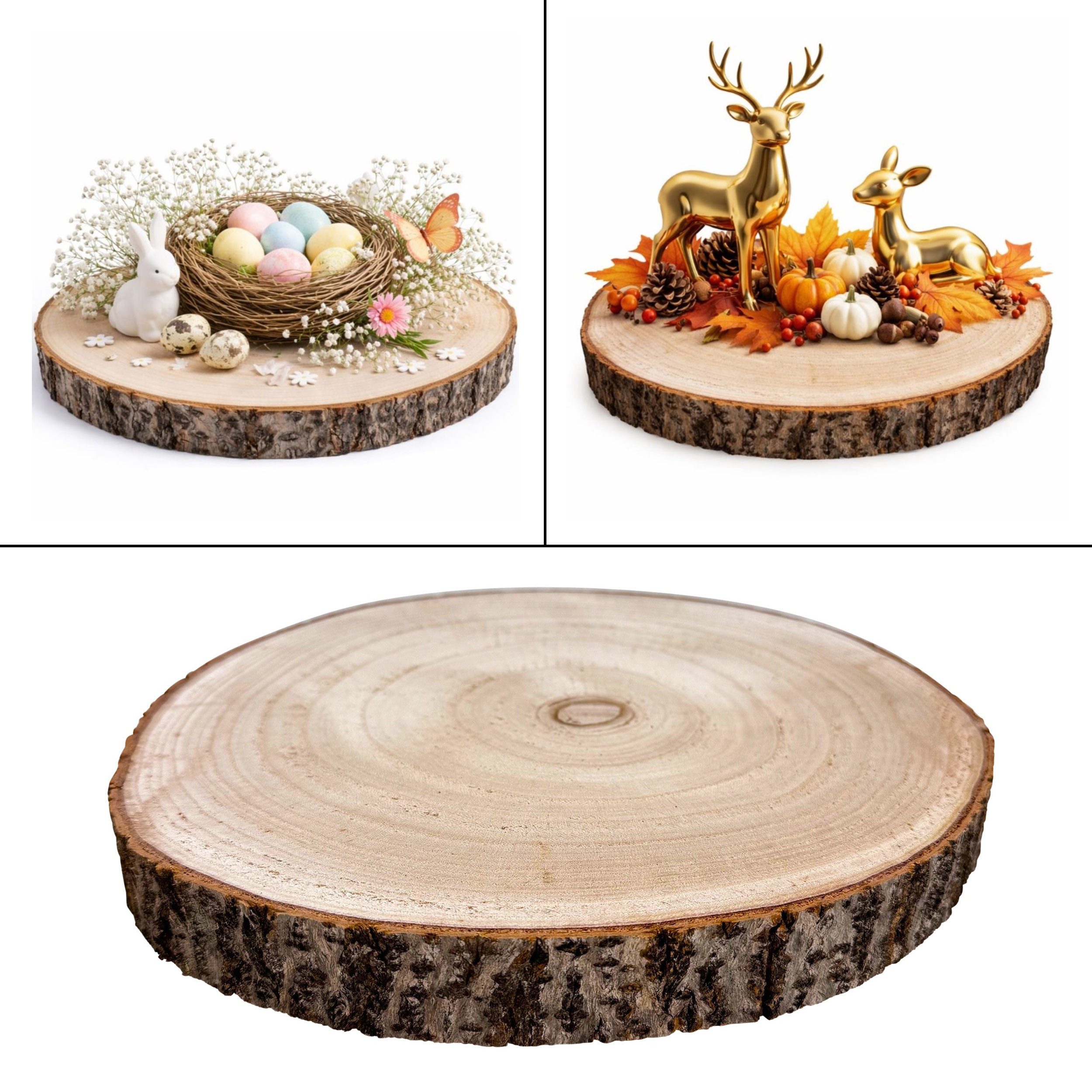 Online-Fuchs Dekotablett - Holzscheibe rund, Baumscheiben Tisch Deko natur - 30 cm Durchmesser (Paulowina Holz, ideal für saisonale Arrangements), natürliche Maserung mit einem rustikalem Rindenrand