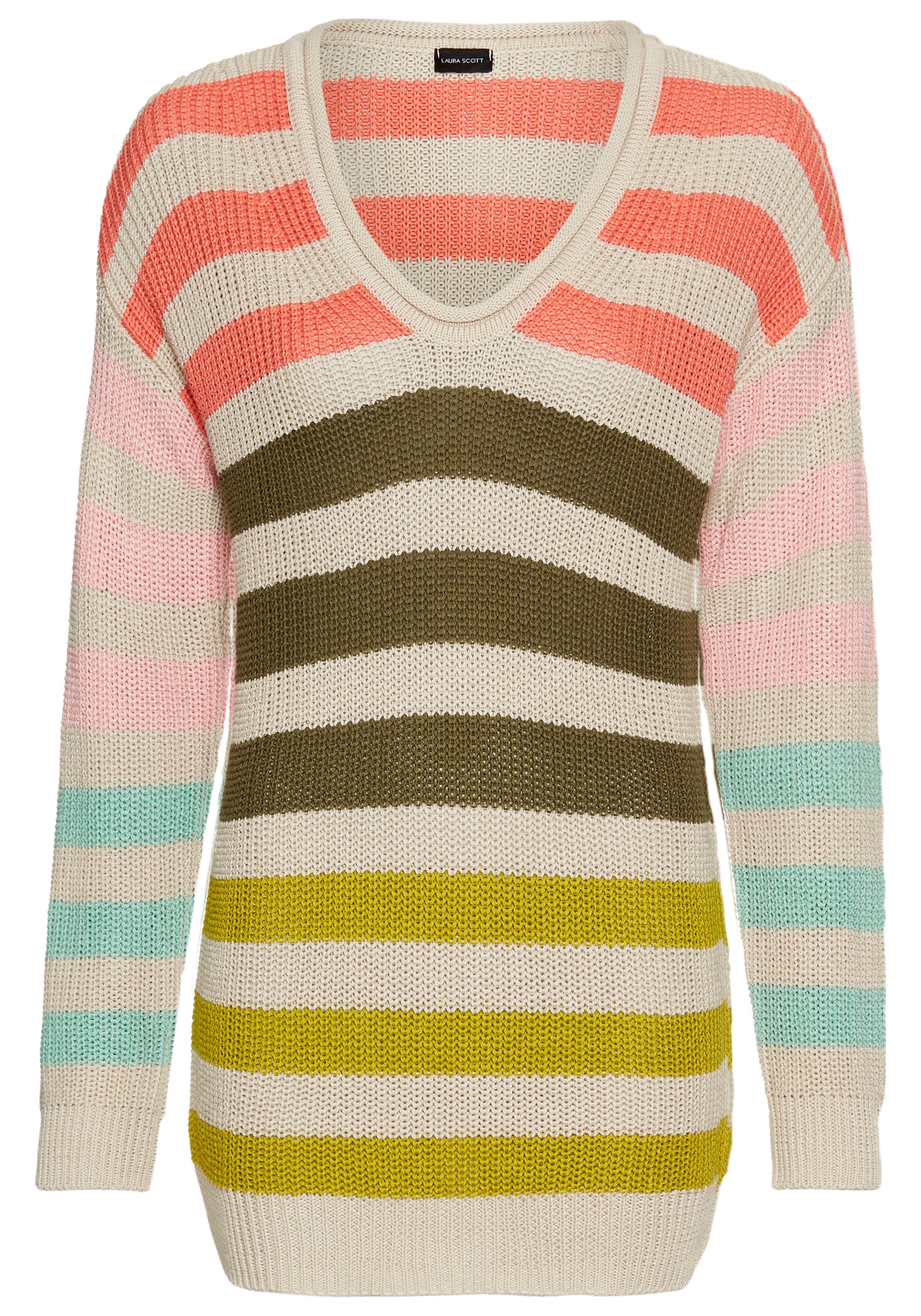Laura Scott Strickpullover mit bunten Streifen und tiefenm V-Ausschnitt. Reduzierter Preis € 16,56. Unverbindliche Preisempfehlung € 39,99, (€ 16,56 pro 1 Stk)
