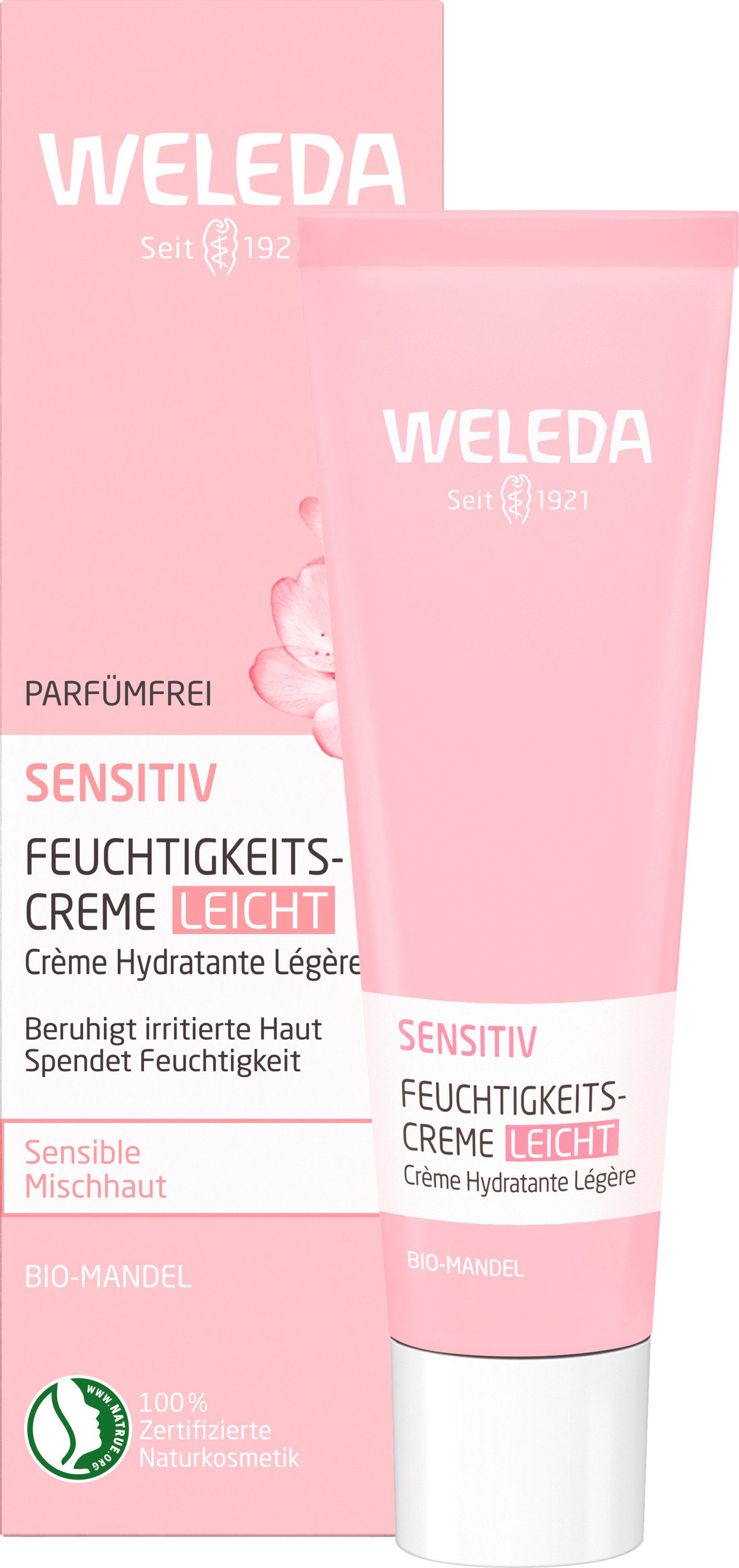 WELEDA Gesichtspflege Weleda Sensitiv Feuchtigkeitscreme Leicht Mandel, für alle Hauttypen, parfümfrei, spendet intensive Feuchtigkeit