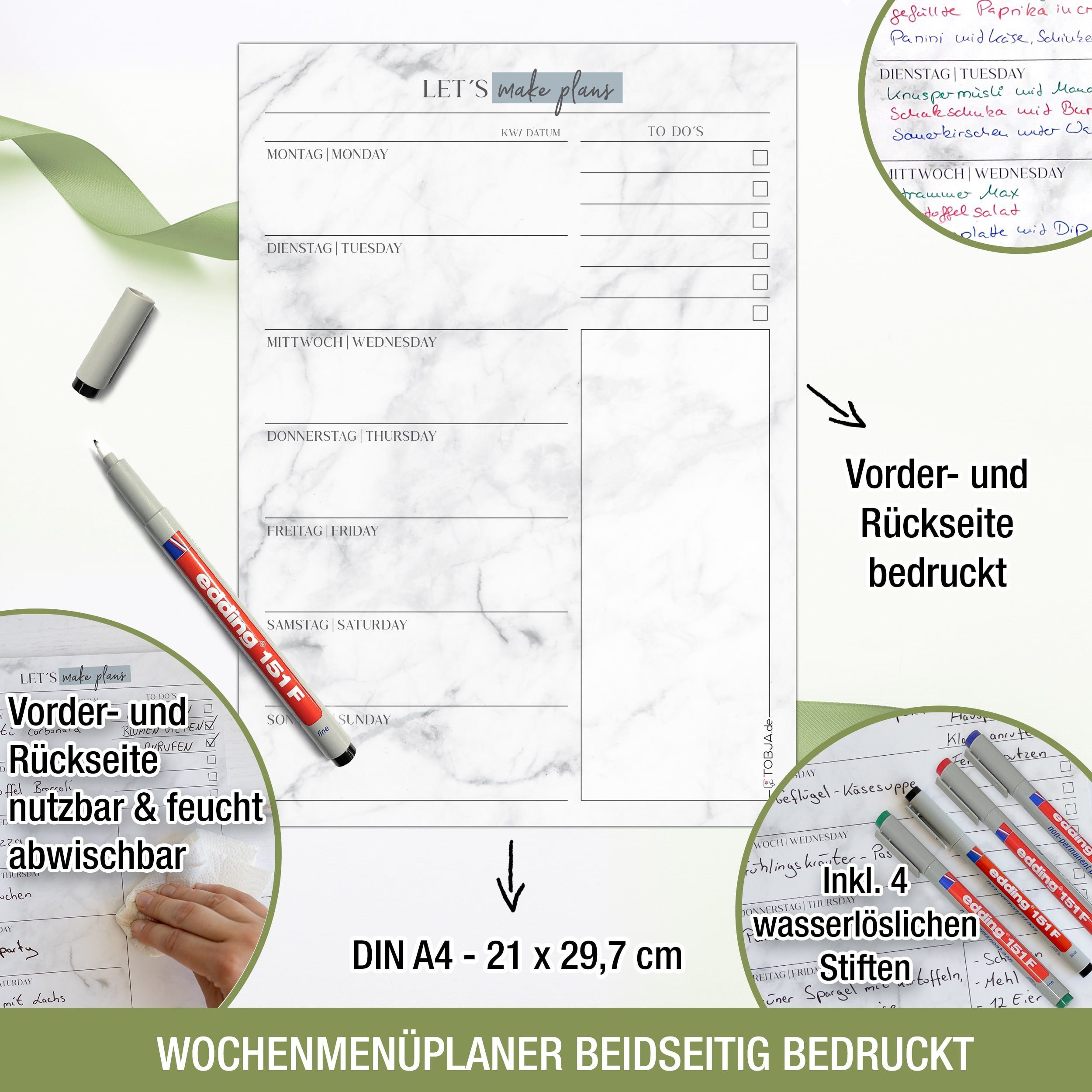 TOBJA Memoboard Menüplaner abwischbar inkl. 4 Stifte, wasserlöslich, Essensplaner abwischbar. Wiederbeschreibbarer Planer