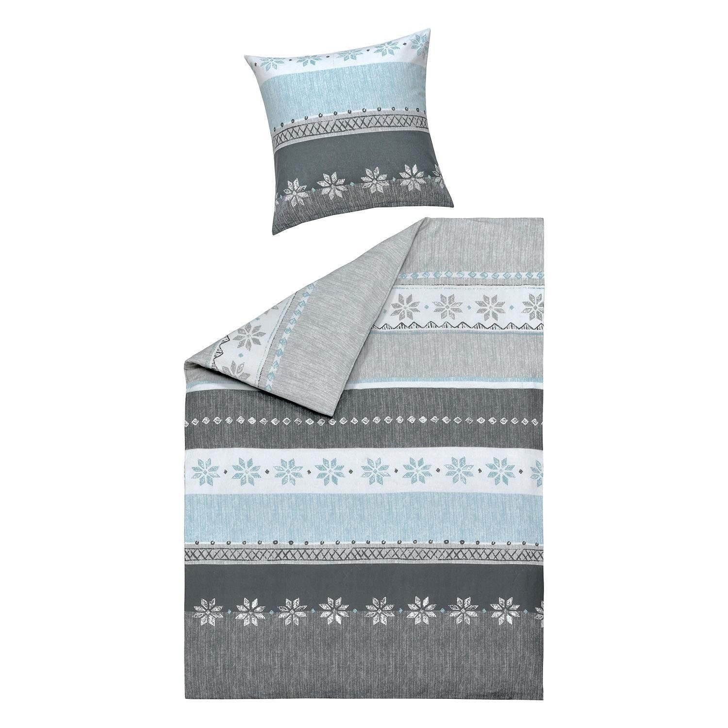 casa NOVA Постельное белье NALA, 155 x 220 cm, Blau, Grau, Querbalken, Flanell, 2 teilig, mit Reißverschluss