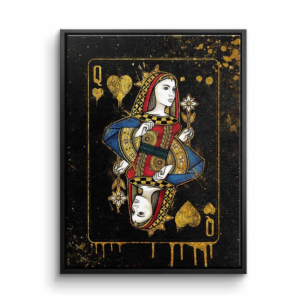 DOTCOMCANVAS® Leinwandbild, Leinwandbild Queen Card schwarz gold Königin Karte edel elegant mit pr schwarzer Rahmen