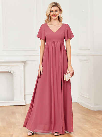 ZWY Abendkleid Brautjungfern-Abendkleid, Seitenschlitz, bodenlang, kurze Ärmel Elegantes Hochzeitskleid aus Chiffon mit V-Ausschnitt