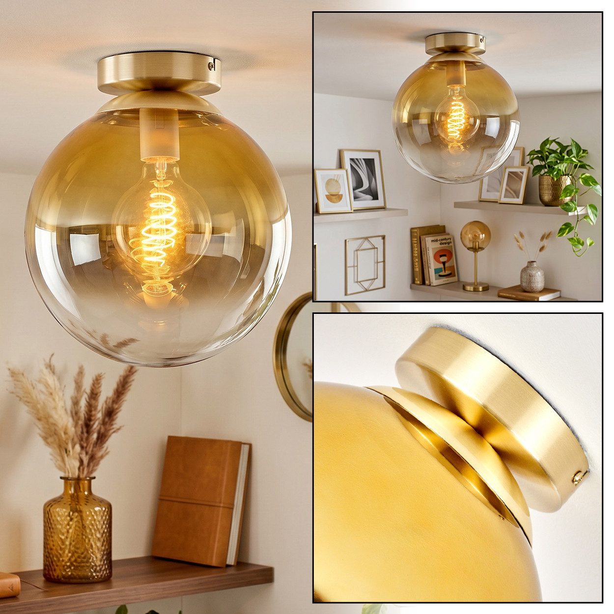 hofstein Deckenleuchte Deckenlampe aus Metall/Glas in Messing-/Goldfarben/Klar, moderne Deckenleuchte im Retro/Vintage-Design, Ø 25 cm, E27