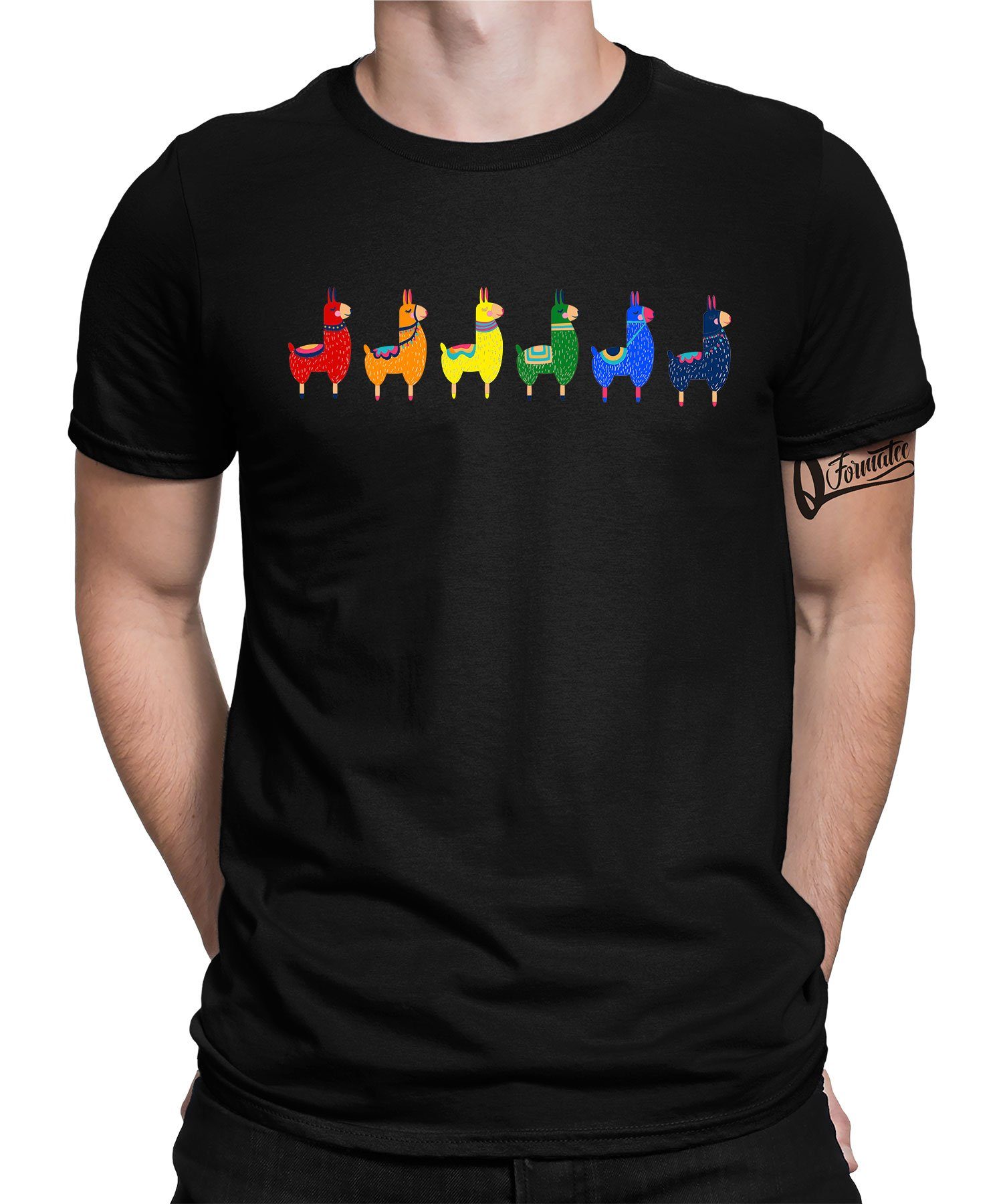 Herren T-Shirt Formatee Schwarz Quattro Kurzarmshirt Stolz - Regenbogen Alpaka Gay Lama LGBTQ (1-tlg) Pride