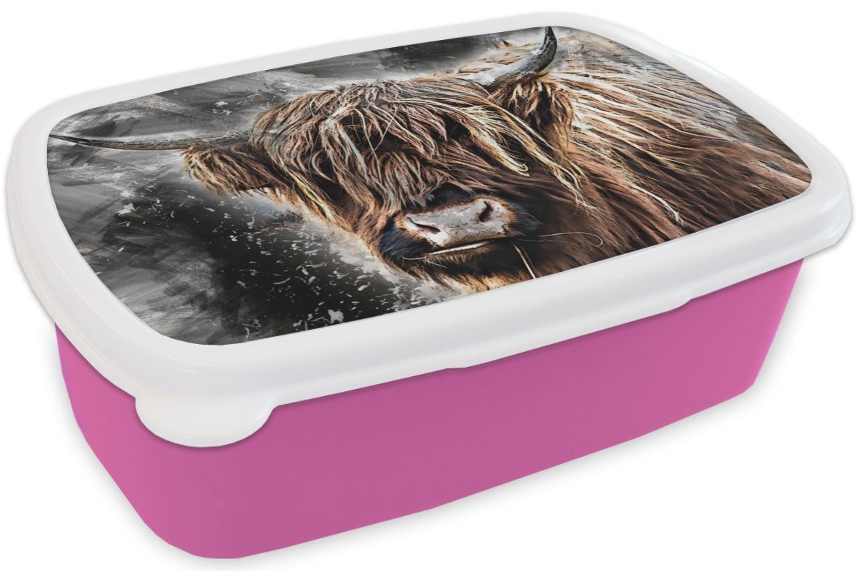 MuchoWow Highlander Erwachsene, - Snackbox, Schottischer Kunststoff (2-tlg), Kunststoff, Kuh, Lunchbox - für Brotdose Mädchen, Farbe Kinder, rosa Brotbox