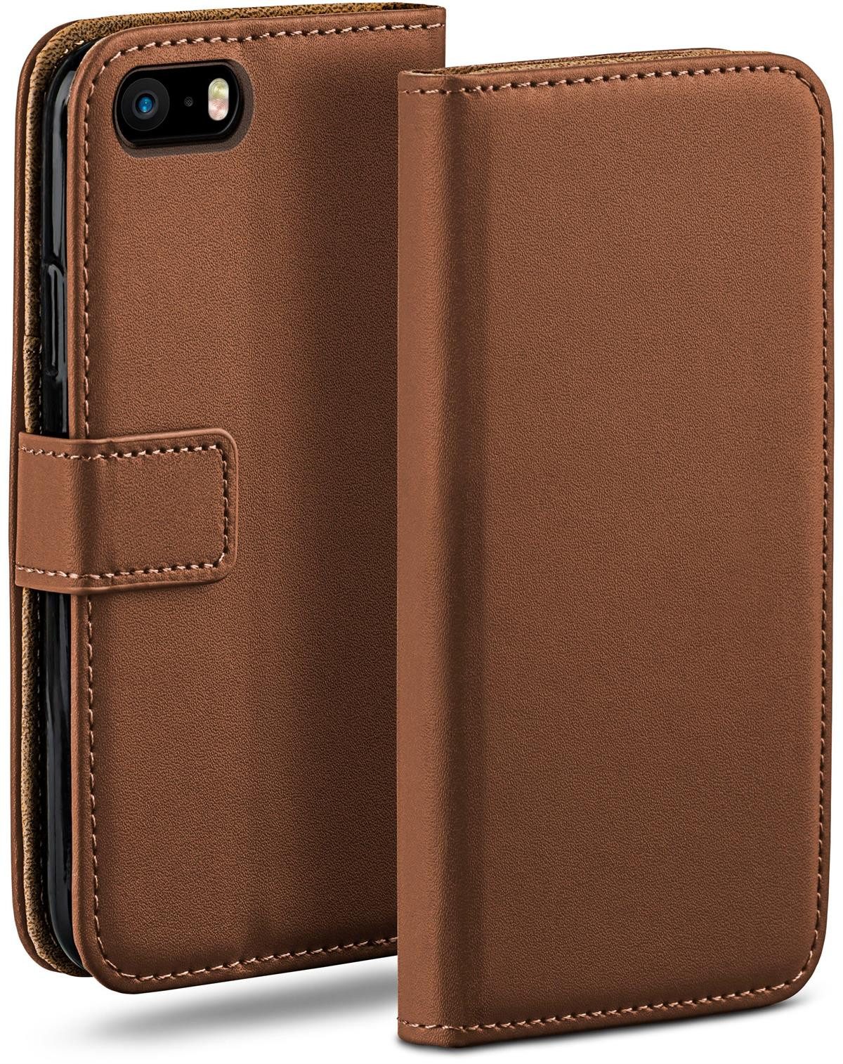 moex Handyhülle für iPhone 5s Hülle Klappbar Book Case Sattelbraun 4 Zoll, Klapphülle Kartenfach Flip Cover Handytasche Leder Optik Schutzhülle