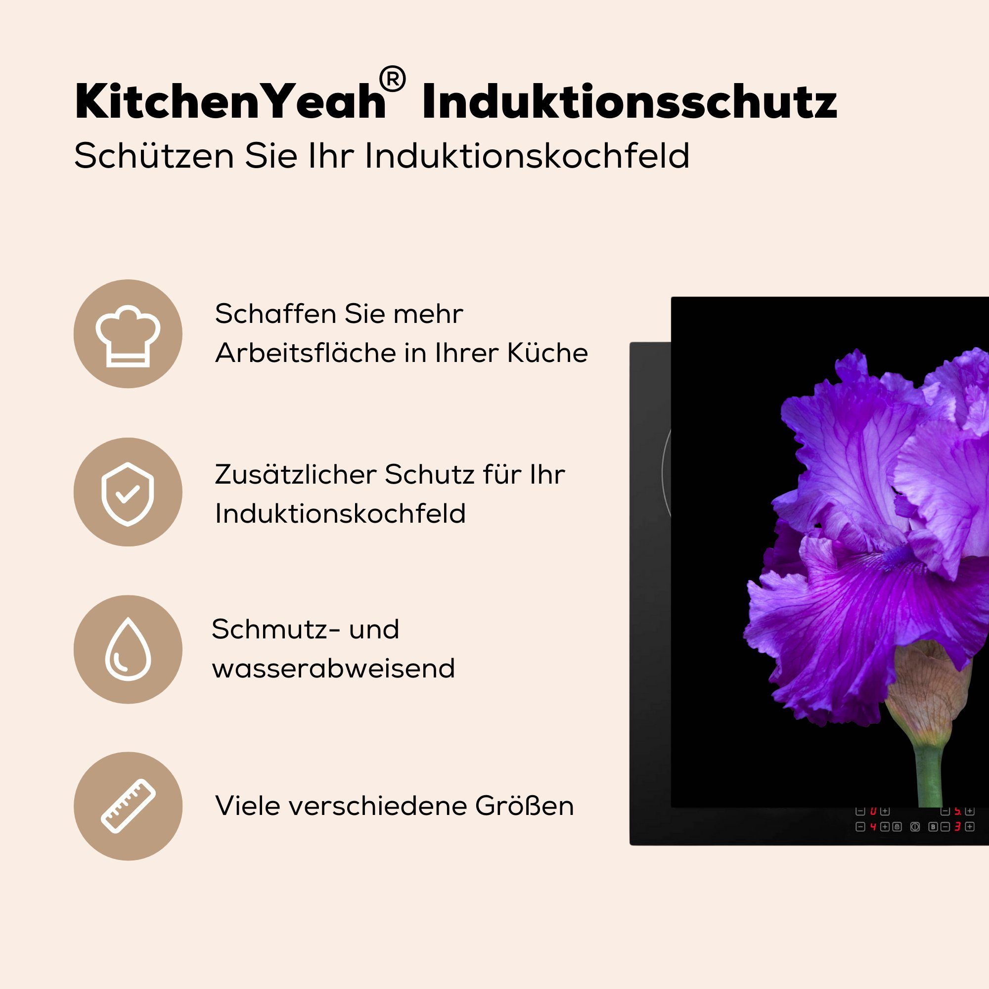 küche Iris tlg), (1 Vinyl, Ceranfeldabdeckung, MuchoWow Schwarz, Lila für Herdblende-/Abdeckplatte cm, Arbeitsplatte auf 78x78