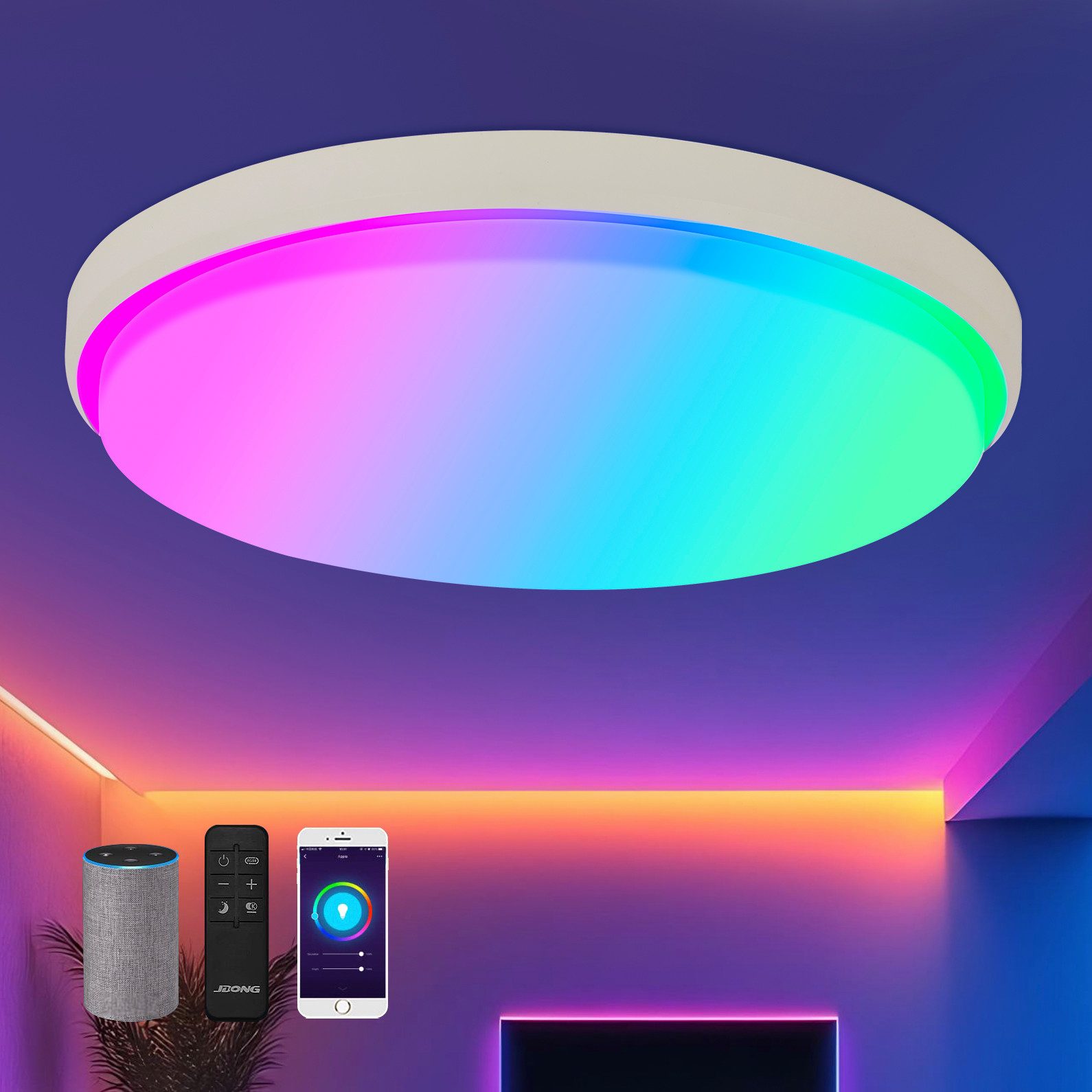 JDONG Deckenleuchte LED 40CM/50CM, RGB Deckenleuchte Rund 3000K-6500K, Led Deckenleuchte dimmbar, Kompatibel mit Alexa, APP-Steuerung, Google Assistant, Fernbedienung, für Schlafzimmer, Wohnzimmer, Kinderzimmer