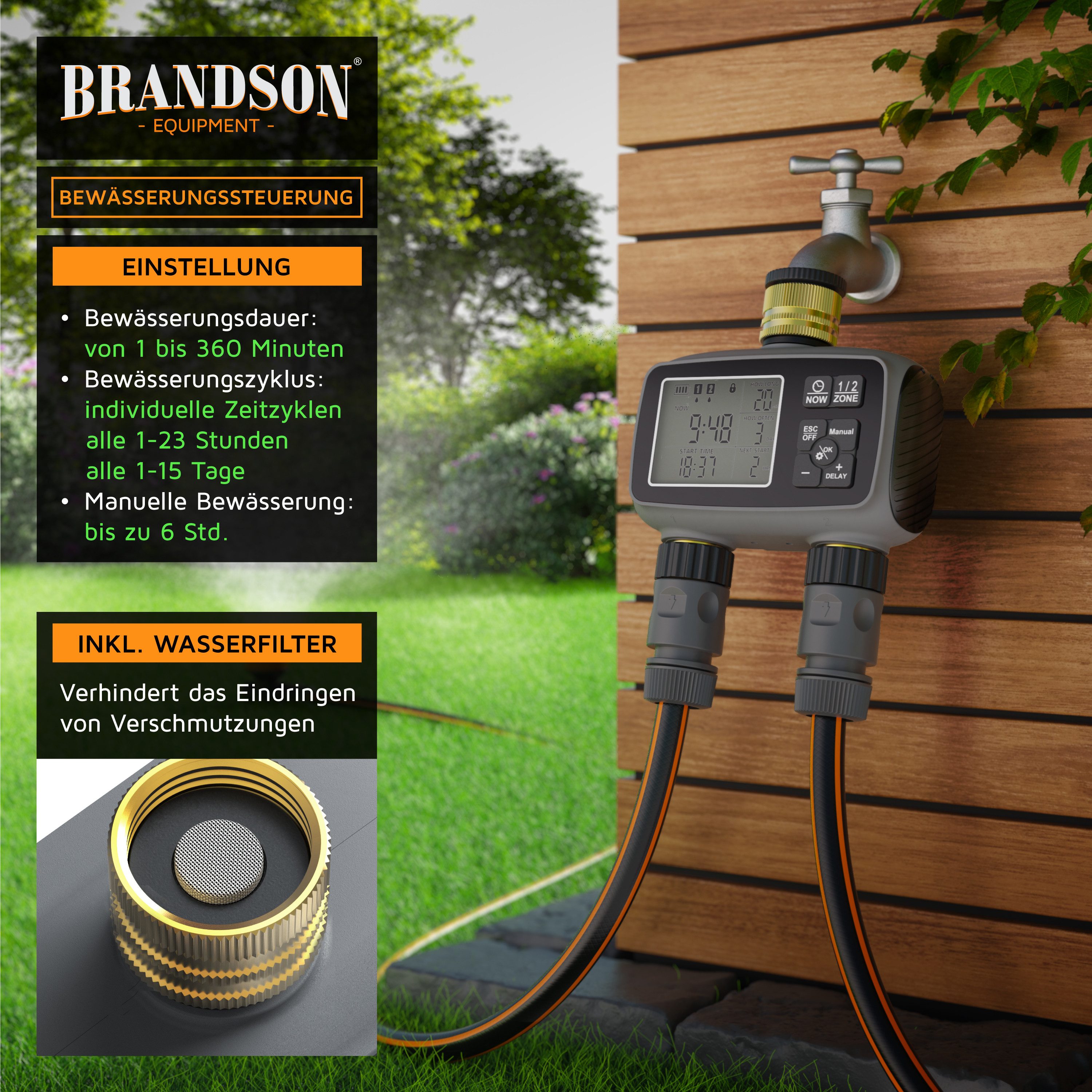 Brandson Bewässerungssteuerung 2-Zonen Bewässerungssystem, Garten Bewässerungscomputer, 2 Ausgänge, (Digitaler Bewässerungstimer), Display, Regenverzögerung, Wasserfilter, für Balkon Garten Terrasse