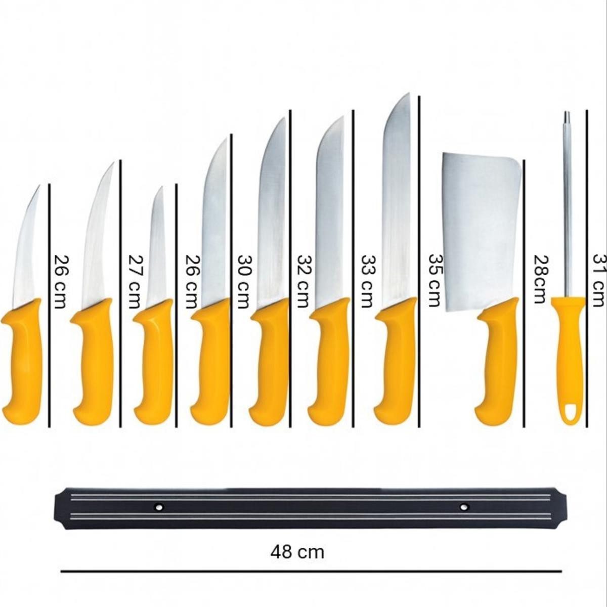 HOOZ Messer-Set Profi Fleischermesser 10-teilig mit Wetzstahl Ausbeinmesser Hackbeil (10-tlg), Magnetstreifen für ordentliche und griffbereite Aufbewahrung