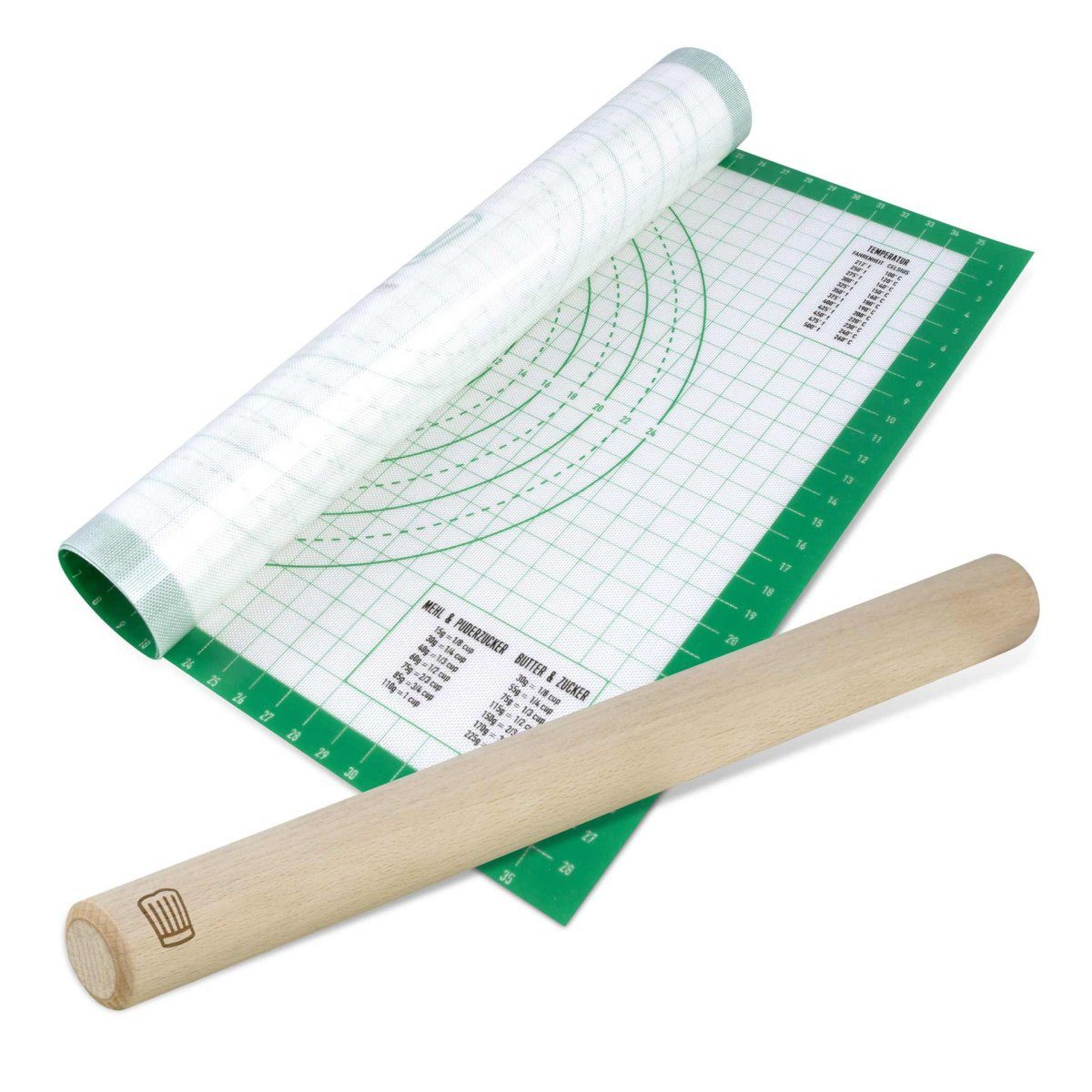 Chefkoch trifft Fackelmann Back-Set Silikonmatte & Rollholz-Set – hochwertige Buche, verstärktes Silikon