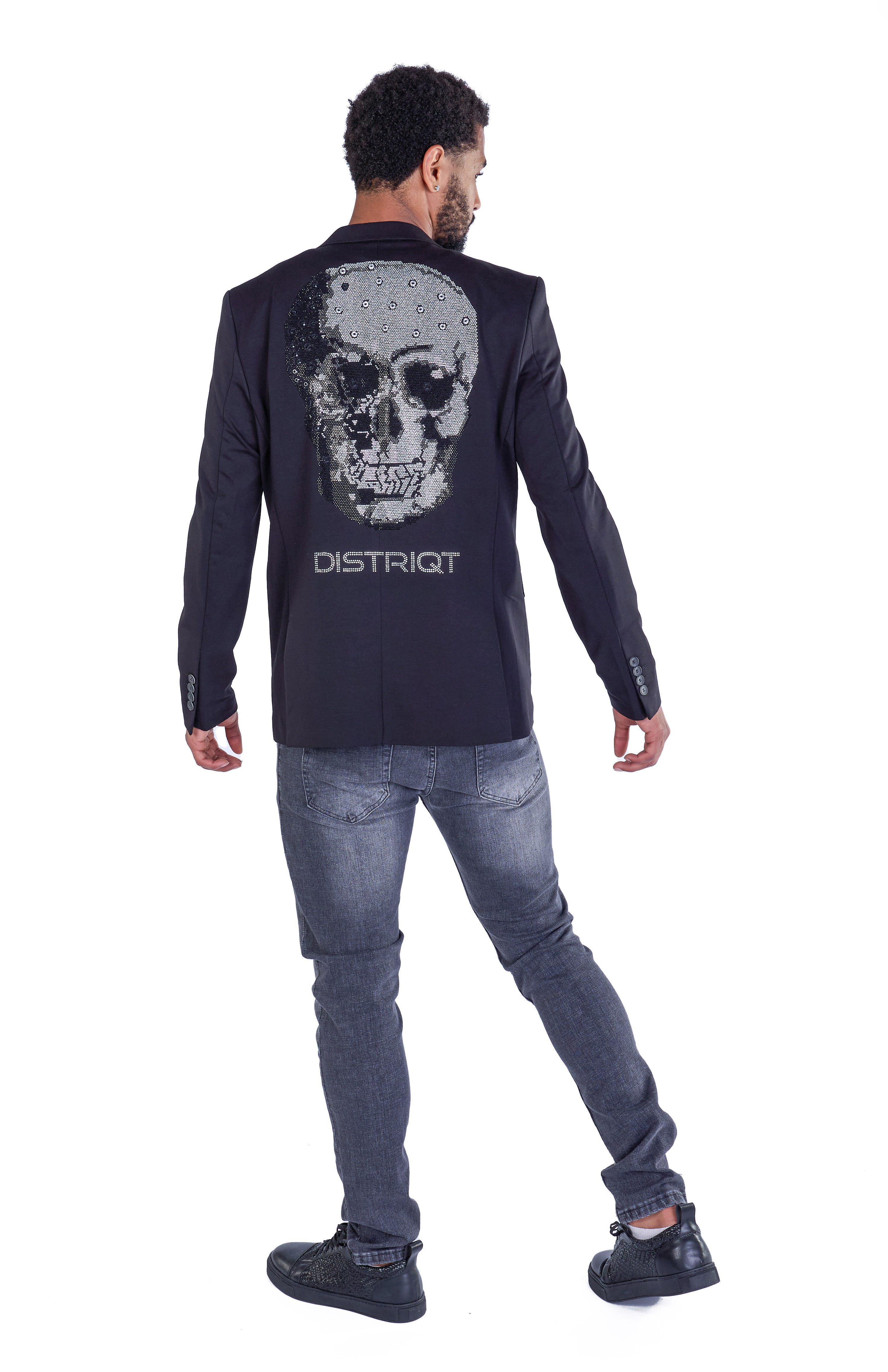 Denim Distriqt Sakko Designer Slim Fit Totenkopf Herren Sakko Schwarz 50