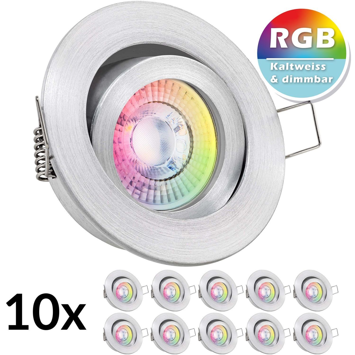 LEDANDO LED Einbaustrahler 10er RGB LED Einbaustrahler Set extra flach in aluminium natur mit 3W | Strahler