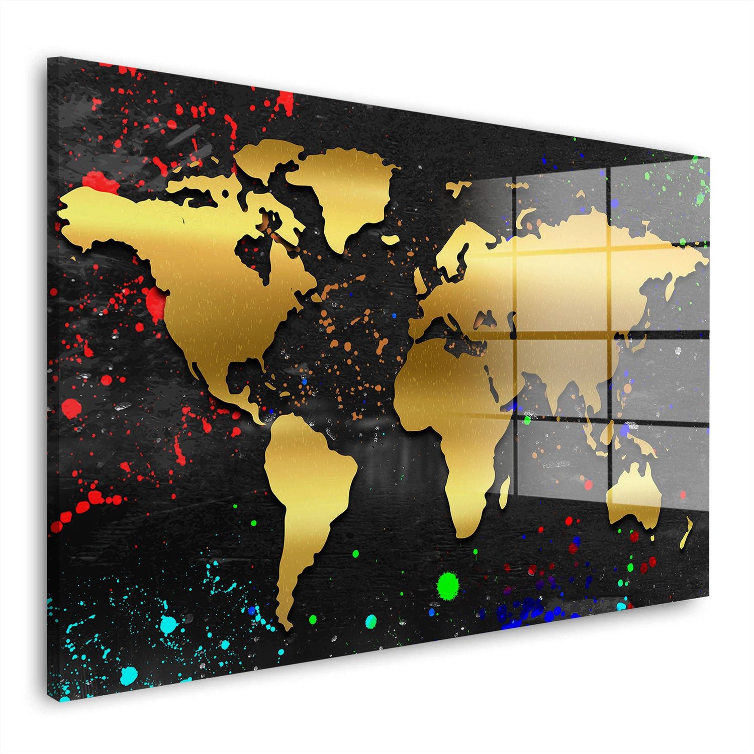 Artedinoi Acrylglasbild Weltkarte Gold Acrylglasbild Wandbild Modern Landkarte Elegant XXL, Weltkarte in warmen Goldtönen auf dunklem Hintergrund.