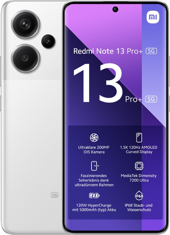 Xiaomi Xiaomi Redmi Note 13 Pro + 5G Mondschein-Weiß 12 Gigabyte 512 Gigabyte Smartphone (512 GB Speicherplatz, 200 MP MP Kamera, Portable,Smart)