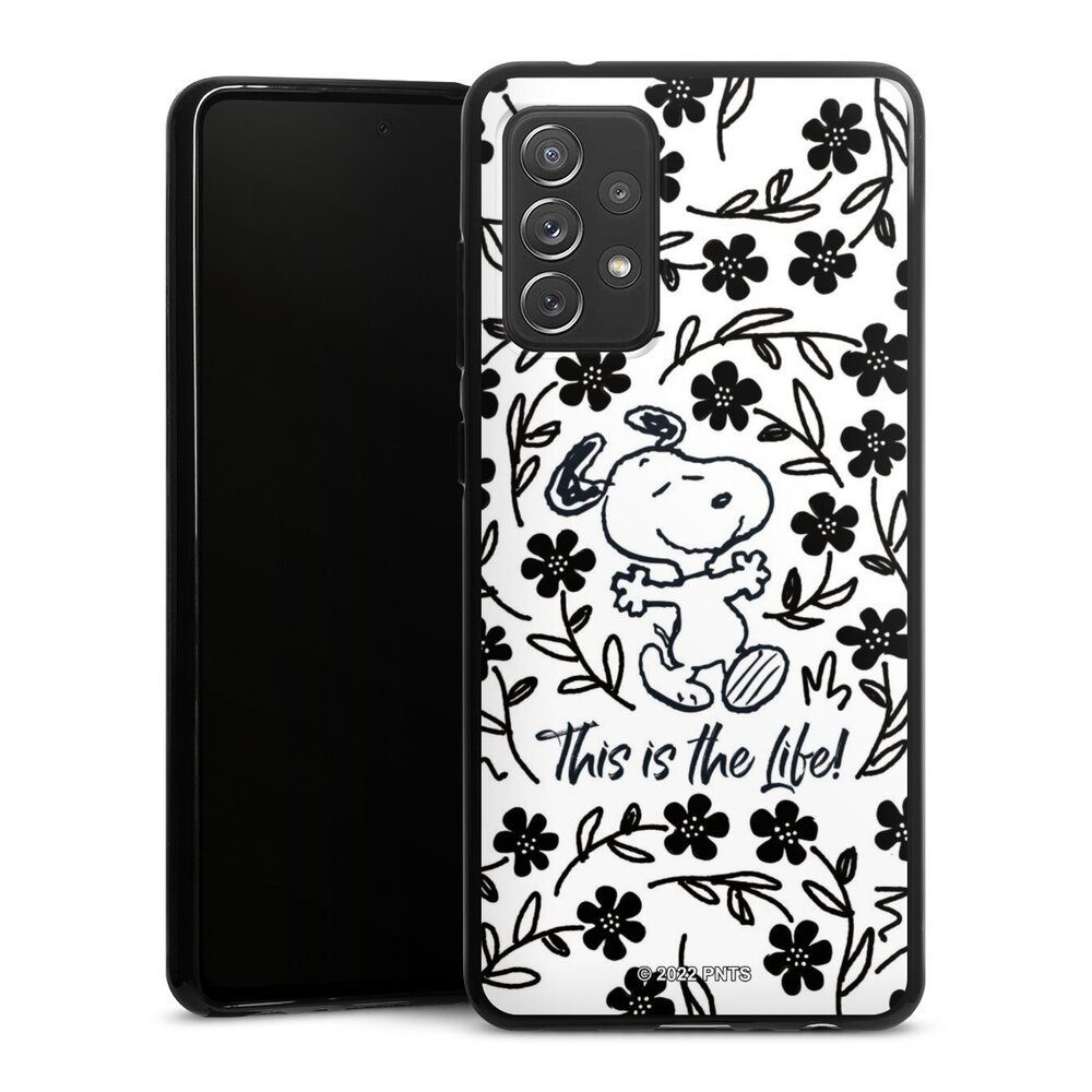 DeinDesign Handyhülle Peanuts Blumen Snoopy Snoopy Black and White This Is The Life, Samsung Galaxy A72 Silikon Hülle Bumper Case Handy Schutzhülle