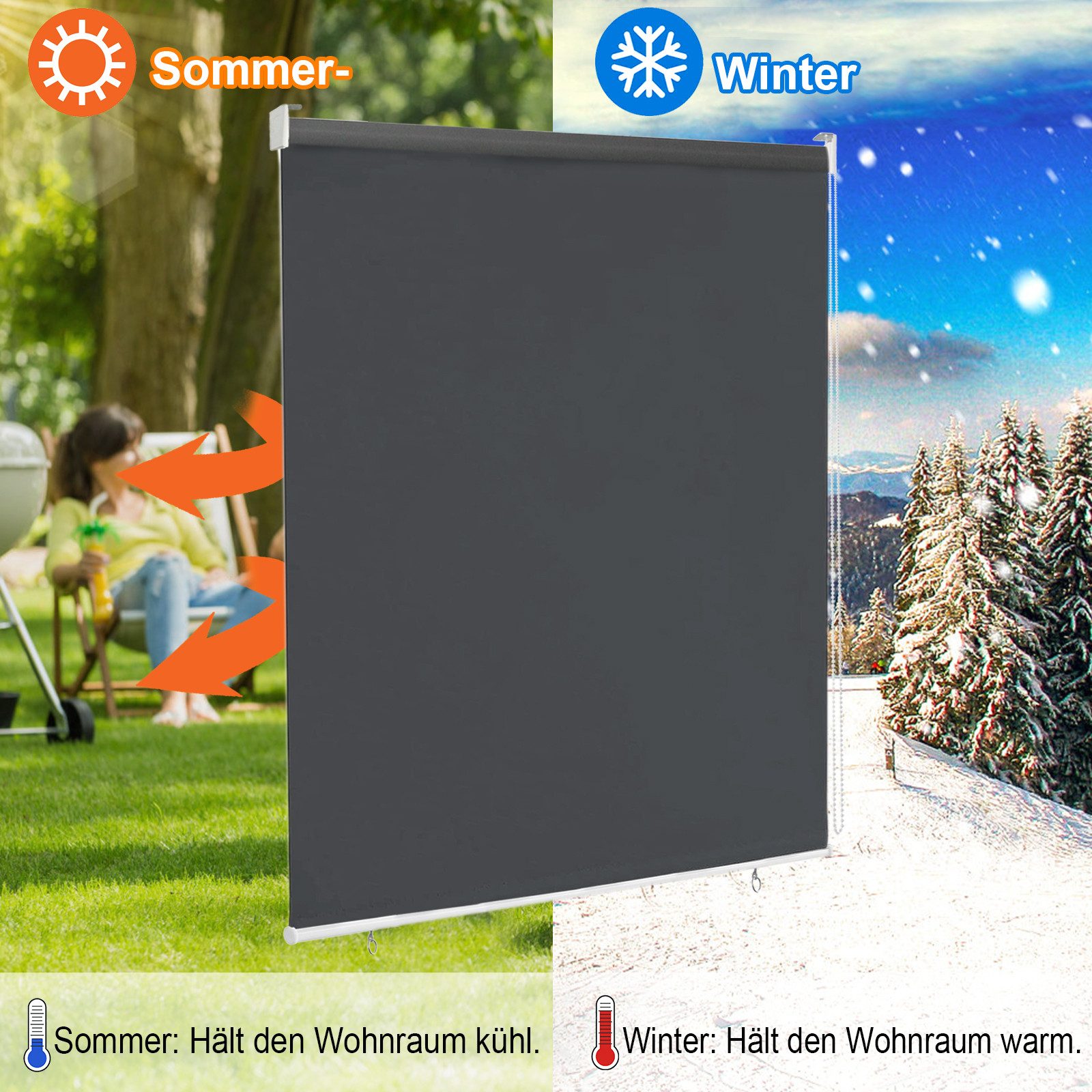 Seitenzugrollo Rollo für den Außenbereich, Sonnenschutz, UV-Schutz, FIVMEN, Schraubenmontage, Haken und Ösen, Anthrazit/Grau/Beige – Bild 5 von 5